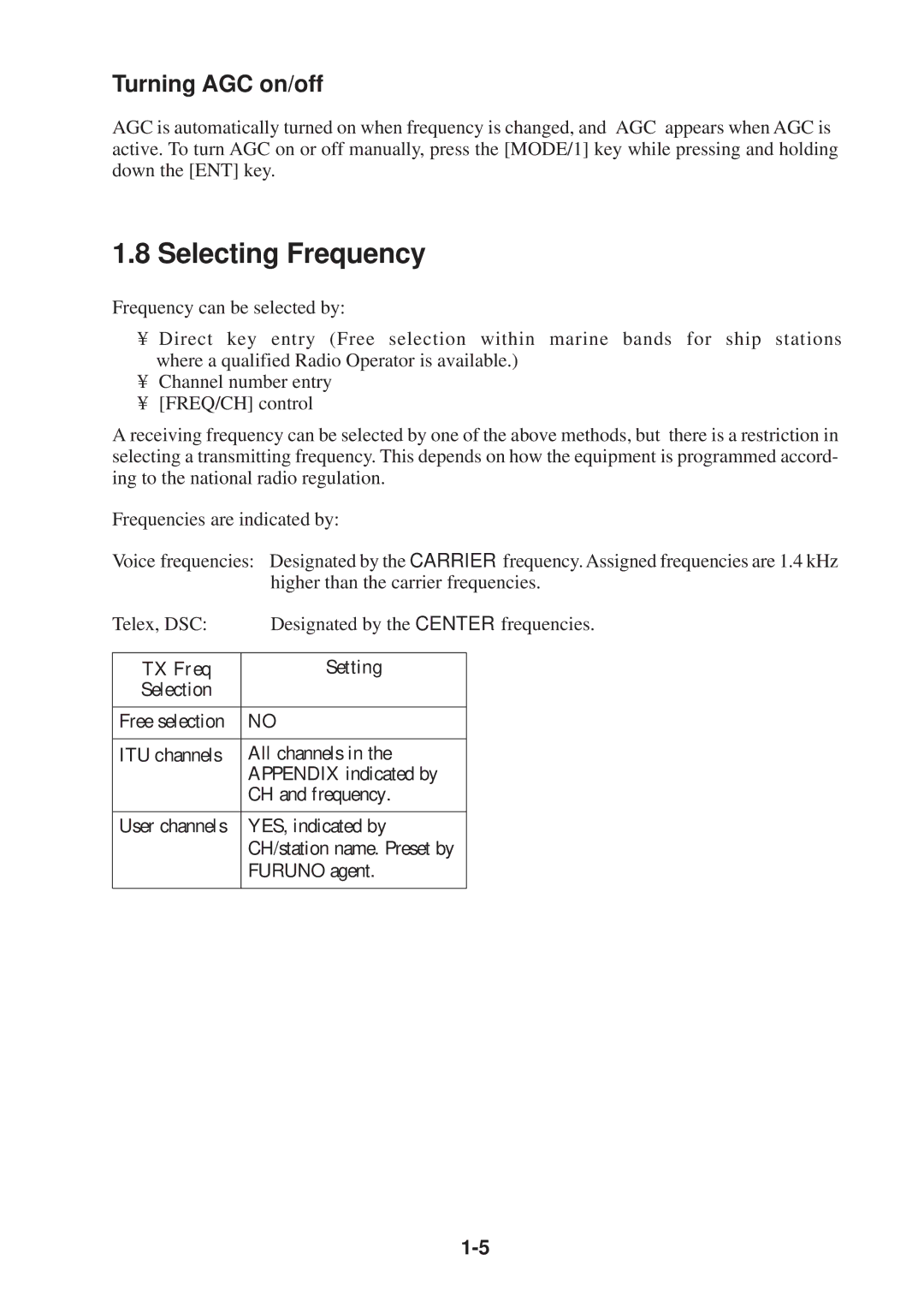 Furuno FS-1503 manual Selecting Frequency, Turning AGC on/off 