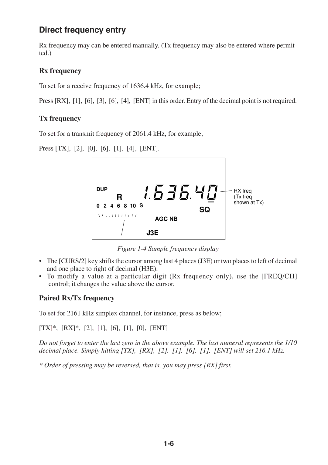 Furuno FS-1503 manual Direct frequency entry, Rx frequency, Paired Rx/Tx frequency 