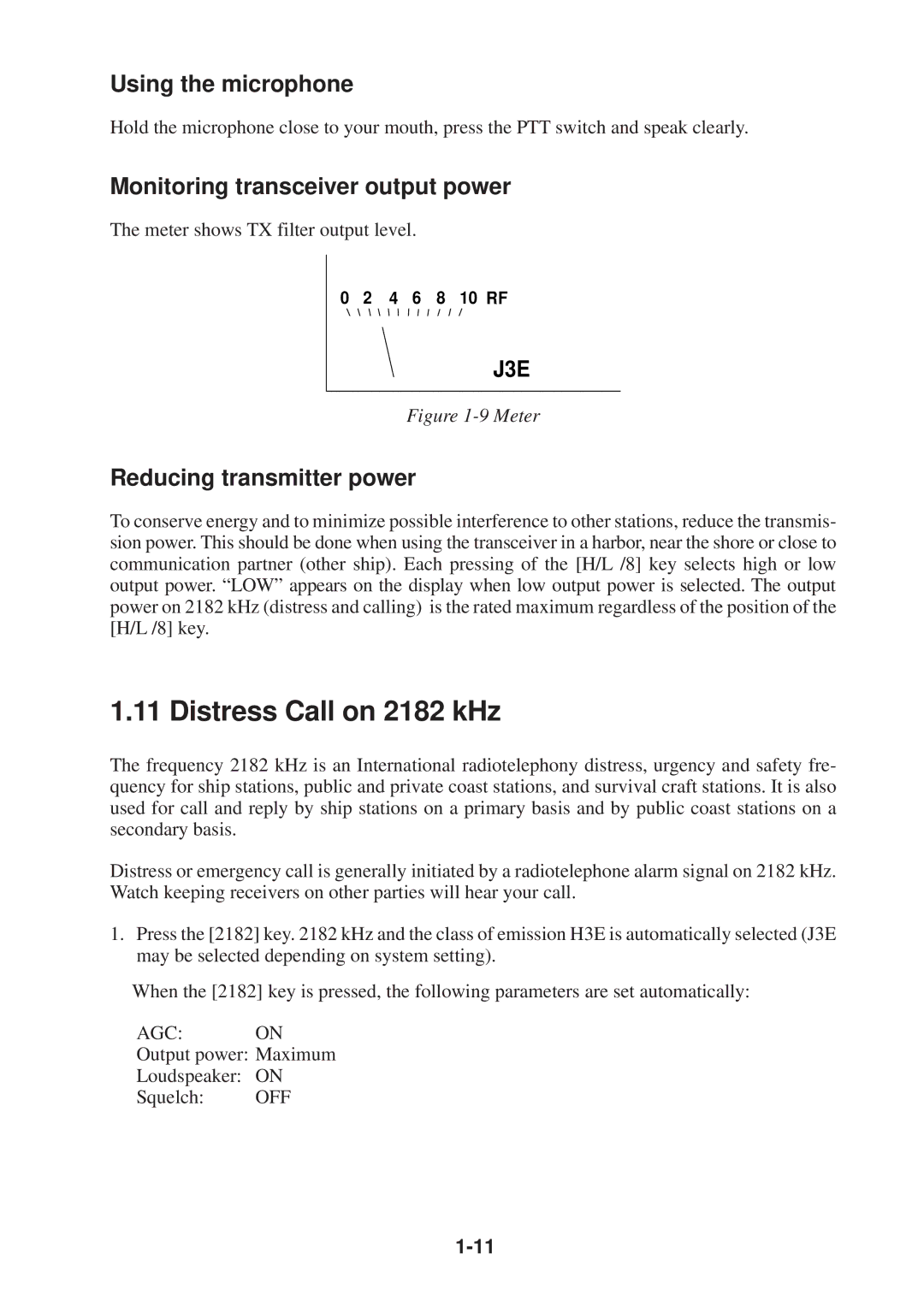 Furuno FS-1503 manual Distress Call on 2182 kHz, Using the microphone, Monitoring transceiver output power 