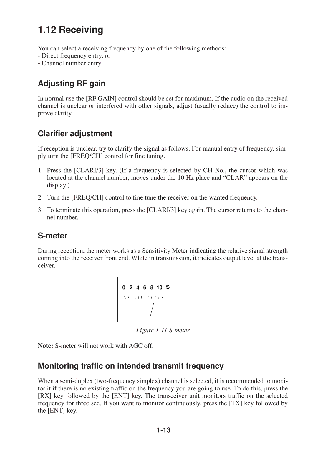 Furuno FS-1503 manual Receiving, Adjusting RF gain, Clarifier adjustment, Meter 