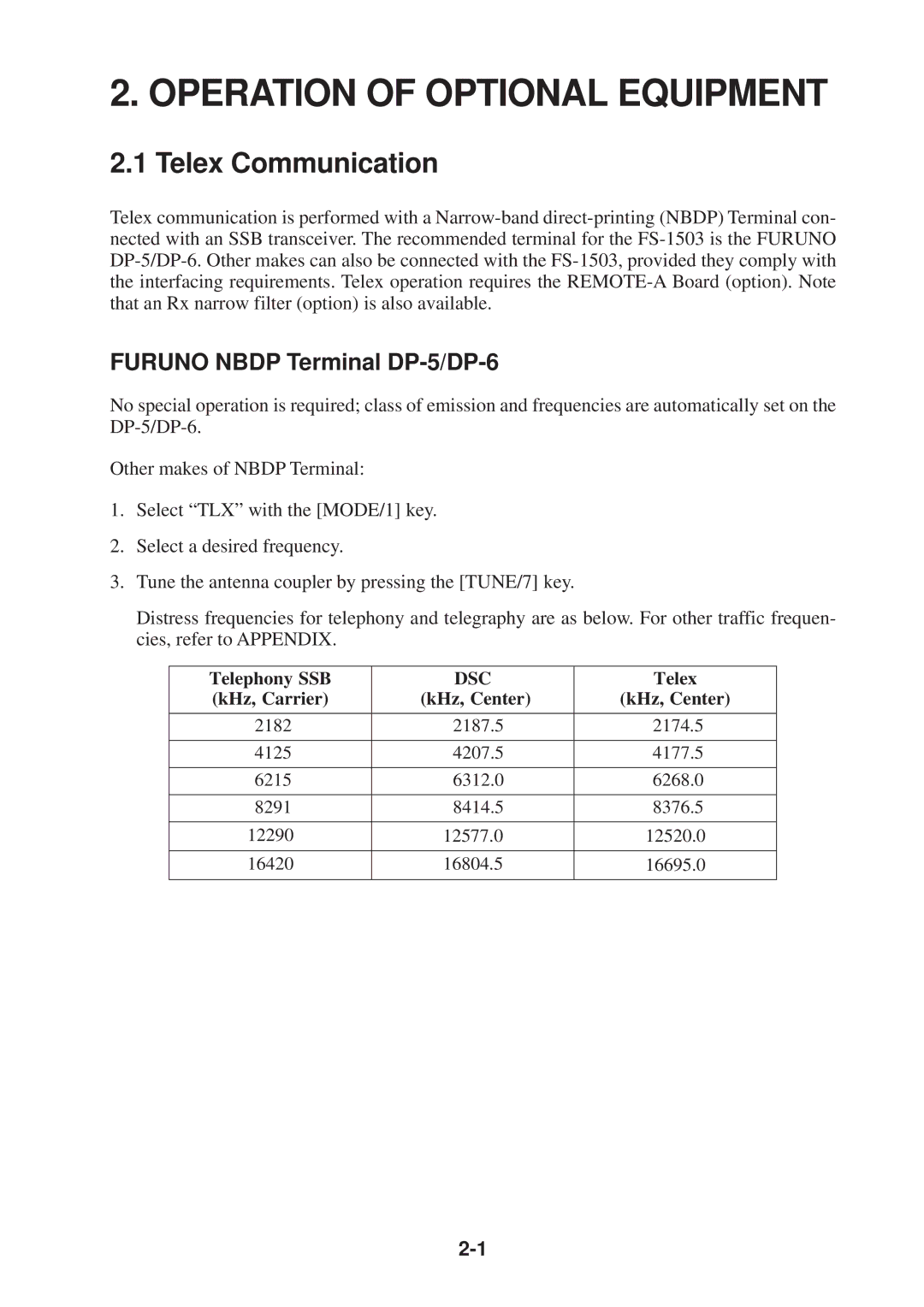 Furuno FS-1503 manual Operation of Optional Equipment, Telex Communication, Furuno Nbdp Terminal DP-5/DP-6 