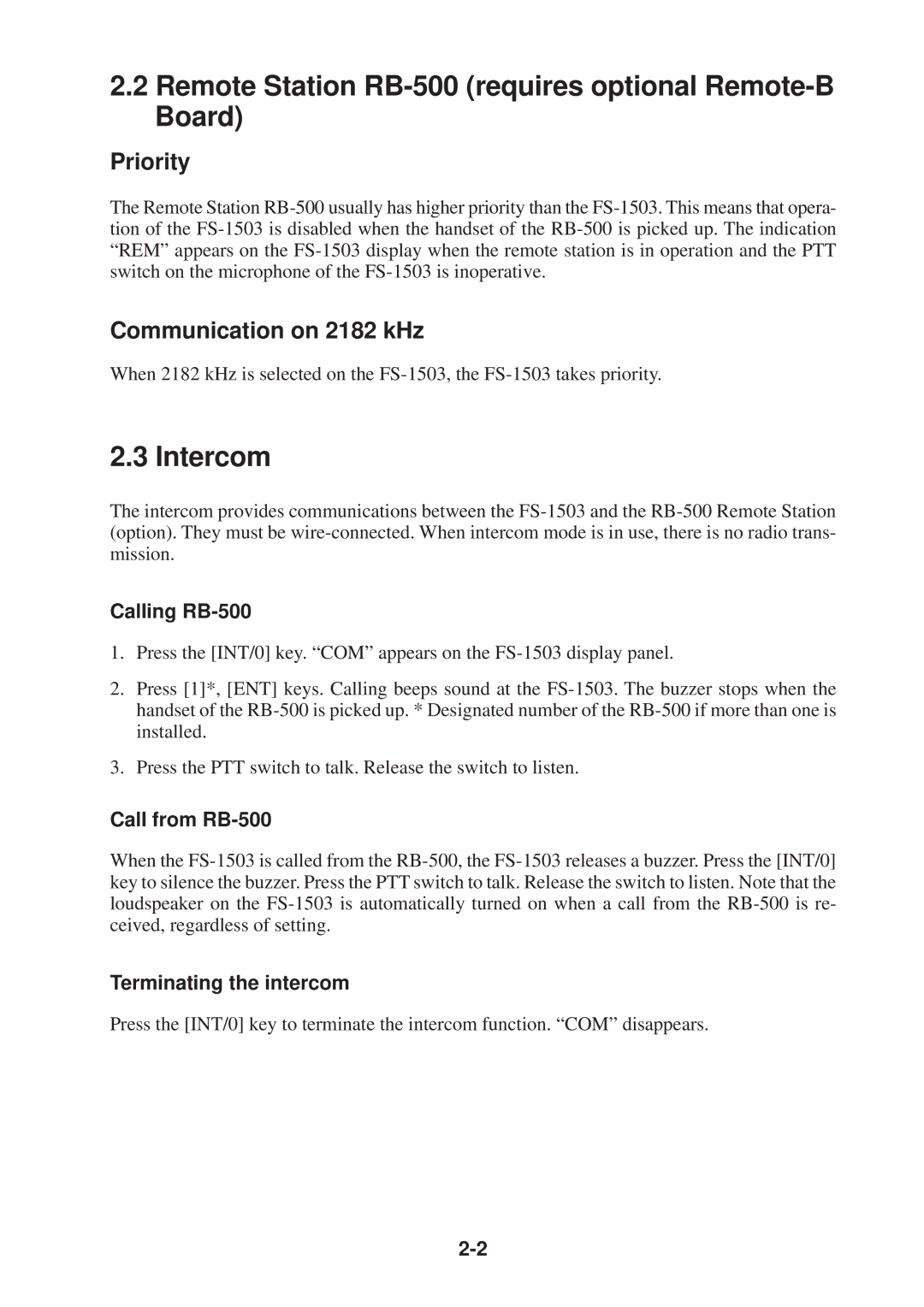Furuno FS-1503 manual Remote Station RB-500 requires optional Remote-B Board, Intercom, Priority, Communication on 2182 kHz 
