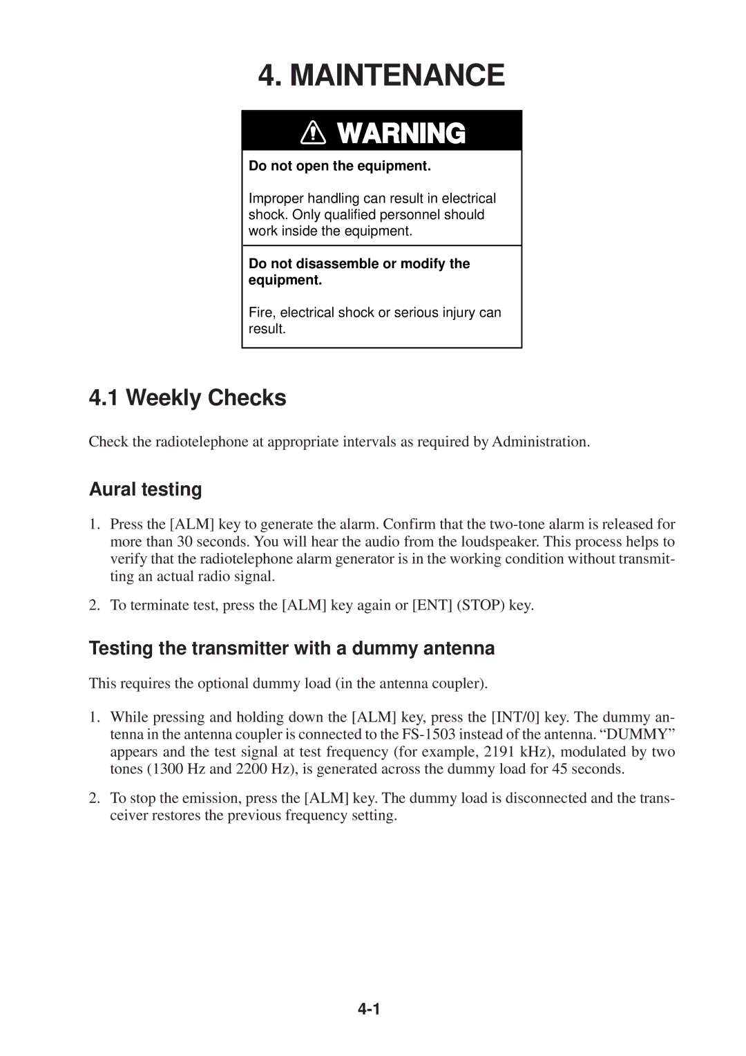 Furuno FS-1503 manual Maintenance, Weekly Checks, Aural testing, Testing the transmitter with a dummy antenna 