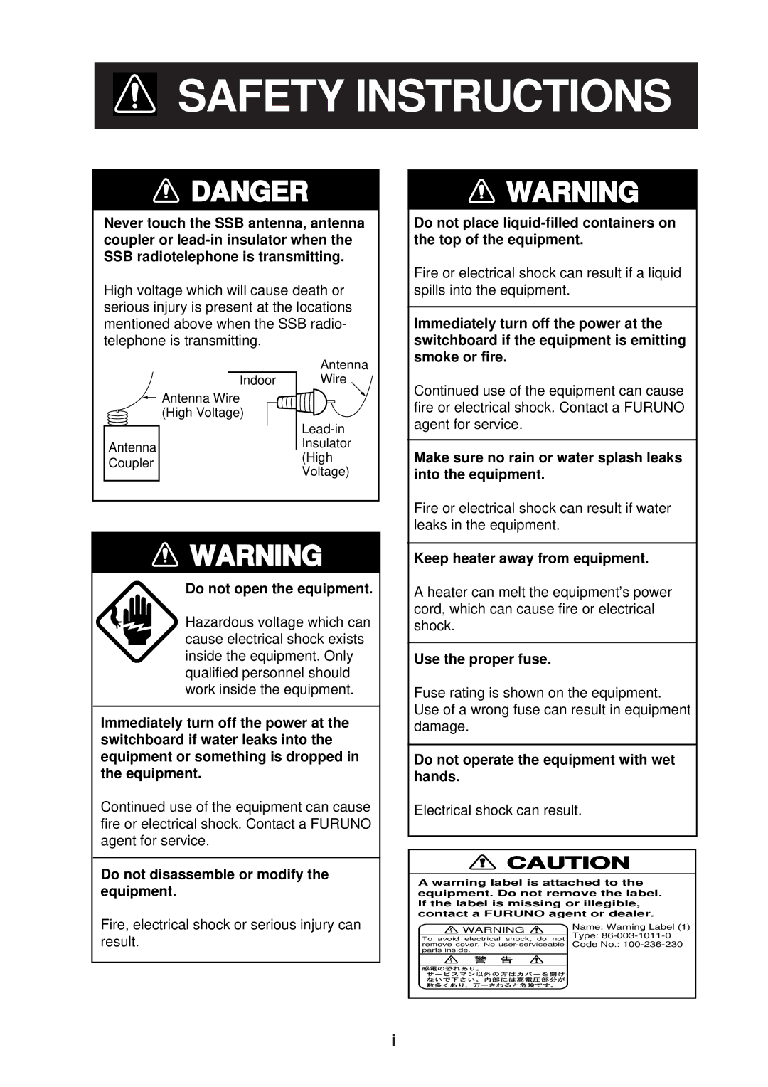 Furuno FS-1503 manual Safety Instructions 