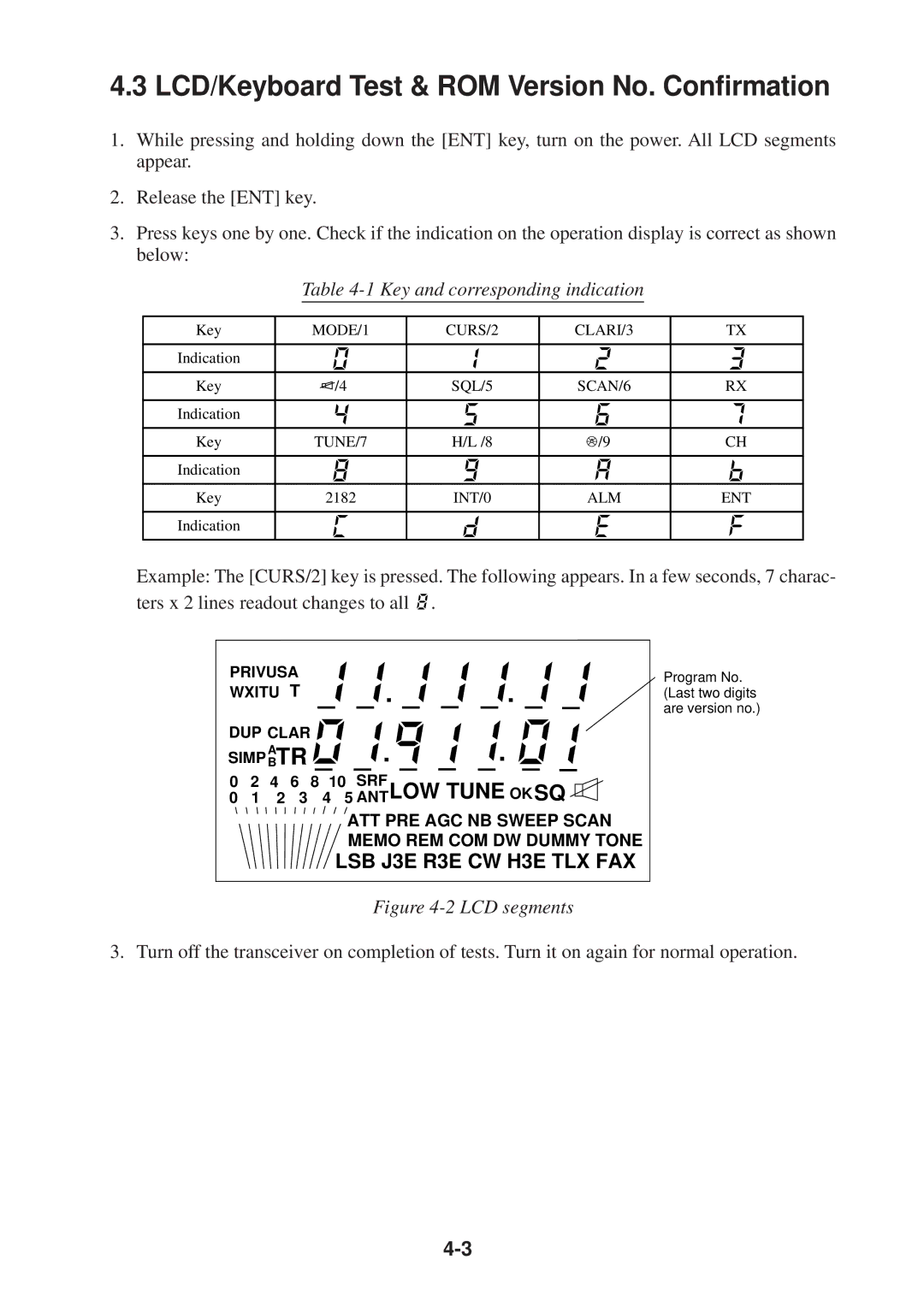 Furuno FS-1503 manual LCD/Keyboard Test & ROM Version No. Confirmation, Key and corresponding indication 