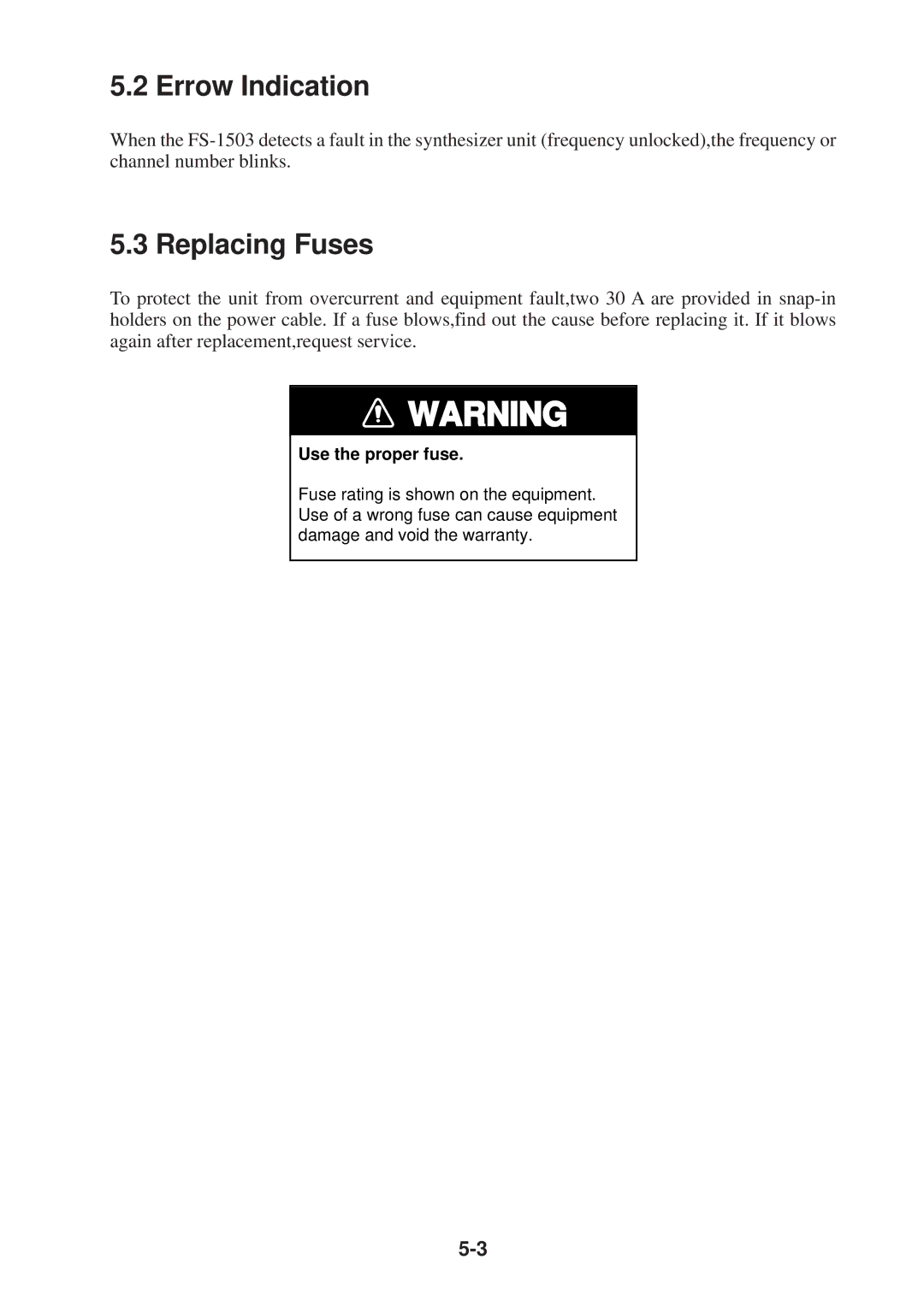 Furuno FS-1503 manual Errow Indication, Replacing Fuses 