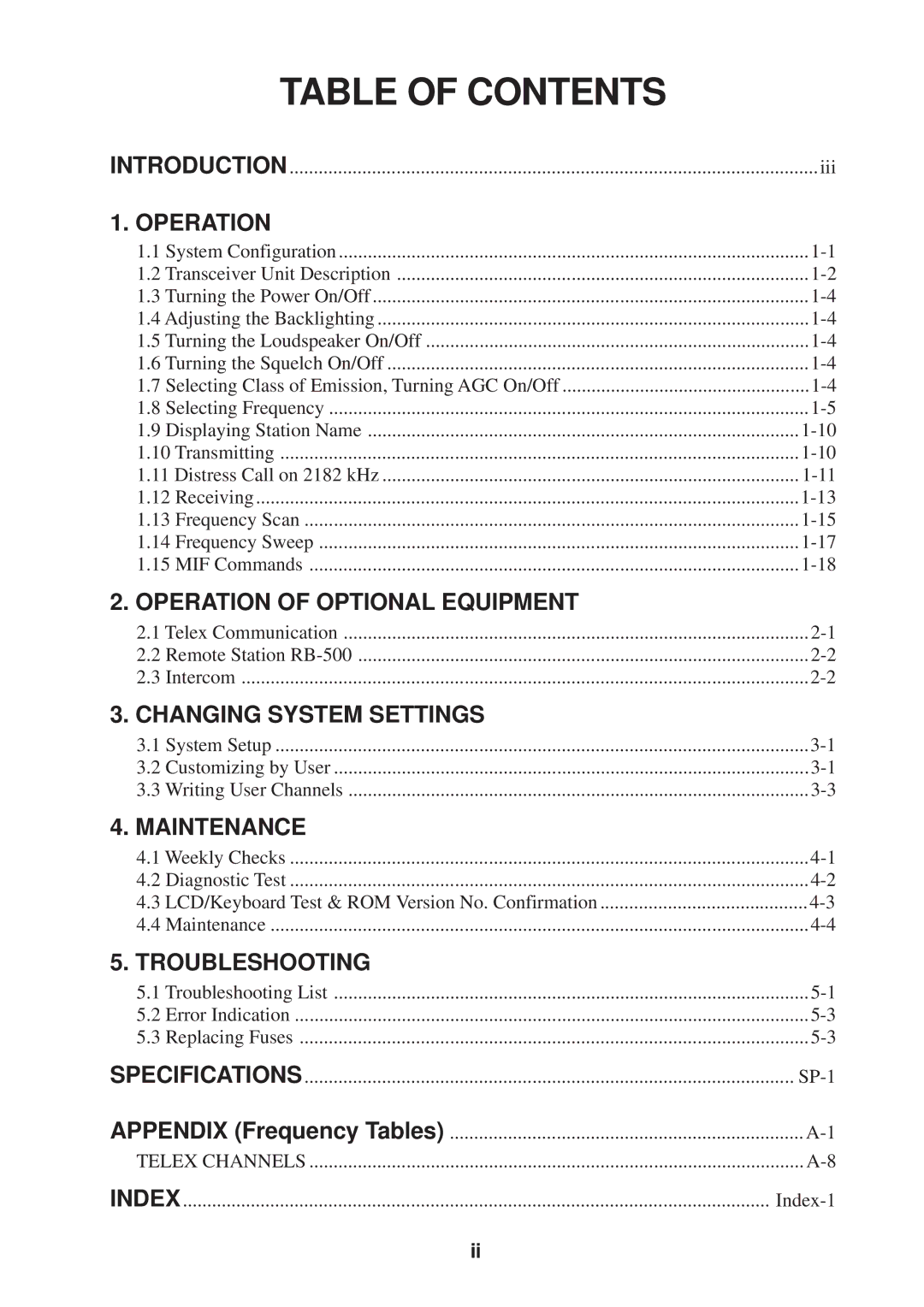 Furuno FS-1503 manual Table of Contents 