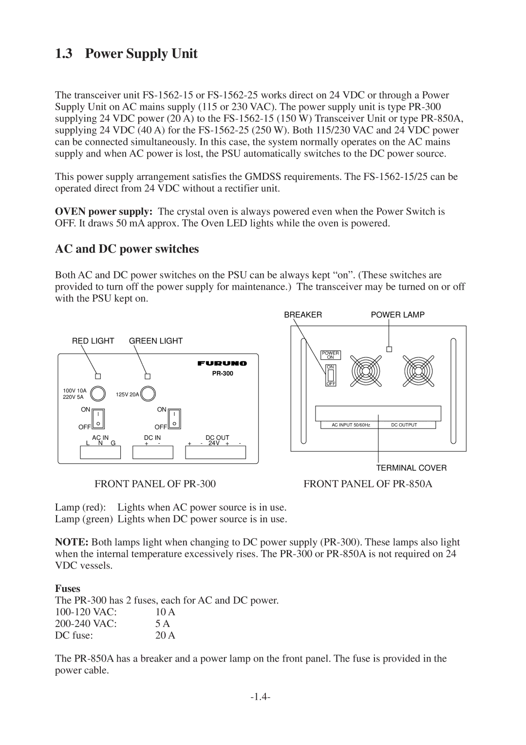 Furuno FS-1562-15, FS-1562-25 manual Power Supply Unit, AC and DC power switches, Fuses 