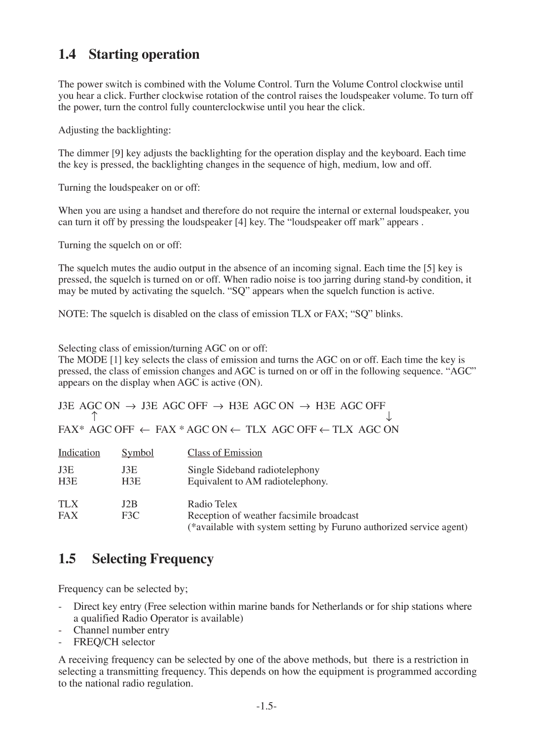 Furuno FS-1562-25, FS-1562-15 manual Starting operation, Selecting Frequency 