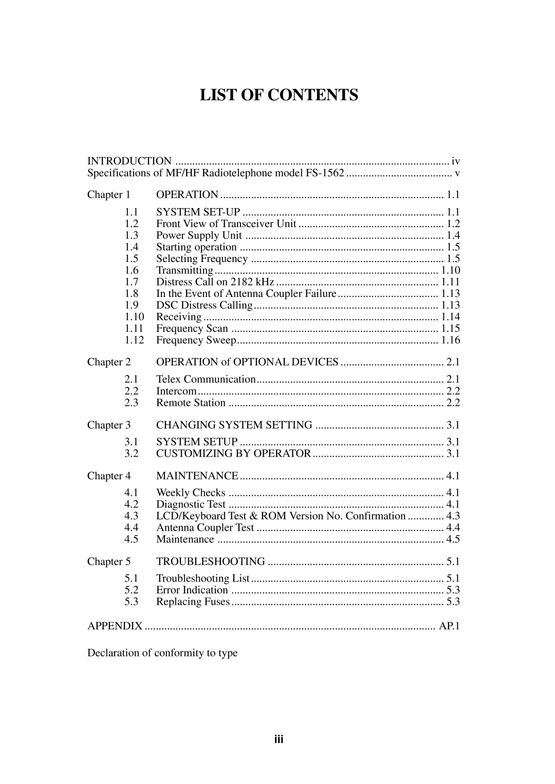 Furuno FS-1562-25, FS-1562-15 manual List of Contents 