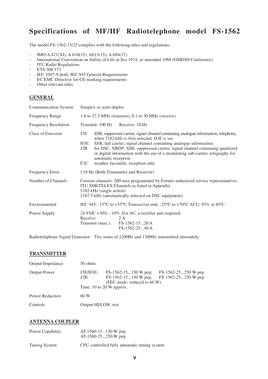 Furuno FS-1562-25, FS-1562-15 manual Specifications of MF/HF Radiotelephone model FS-1562, General 