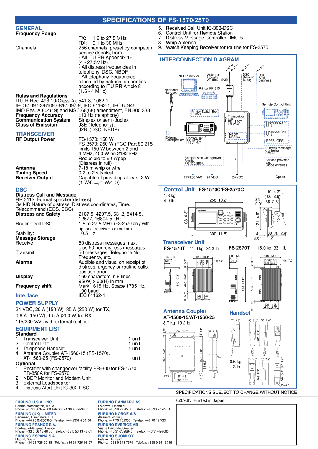 Furuno FS-1570/2570 manual General, Transceiver, Dsc, Power Supply, Equipment List, Interconnection Diagram 