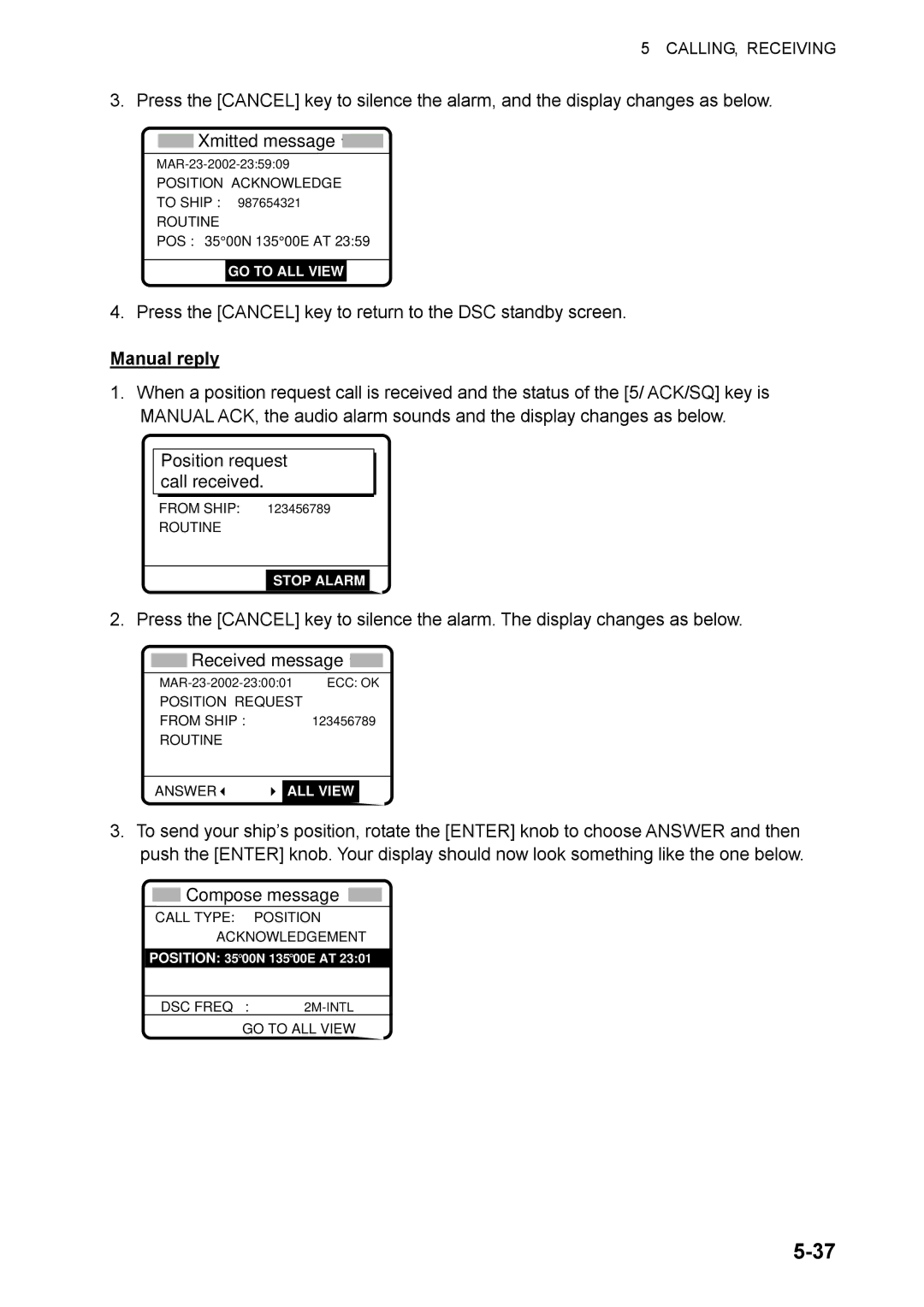 Furuno FS-1570, FS-2570 manual Press the Cancel key to return to the DSC standby screen, Manual reply 