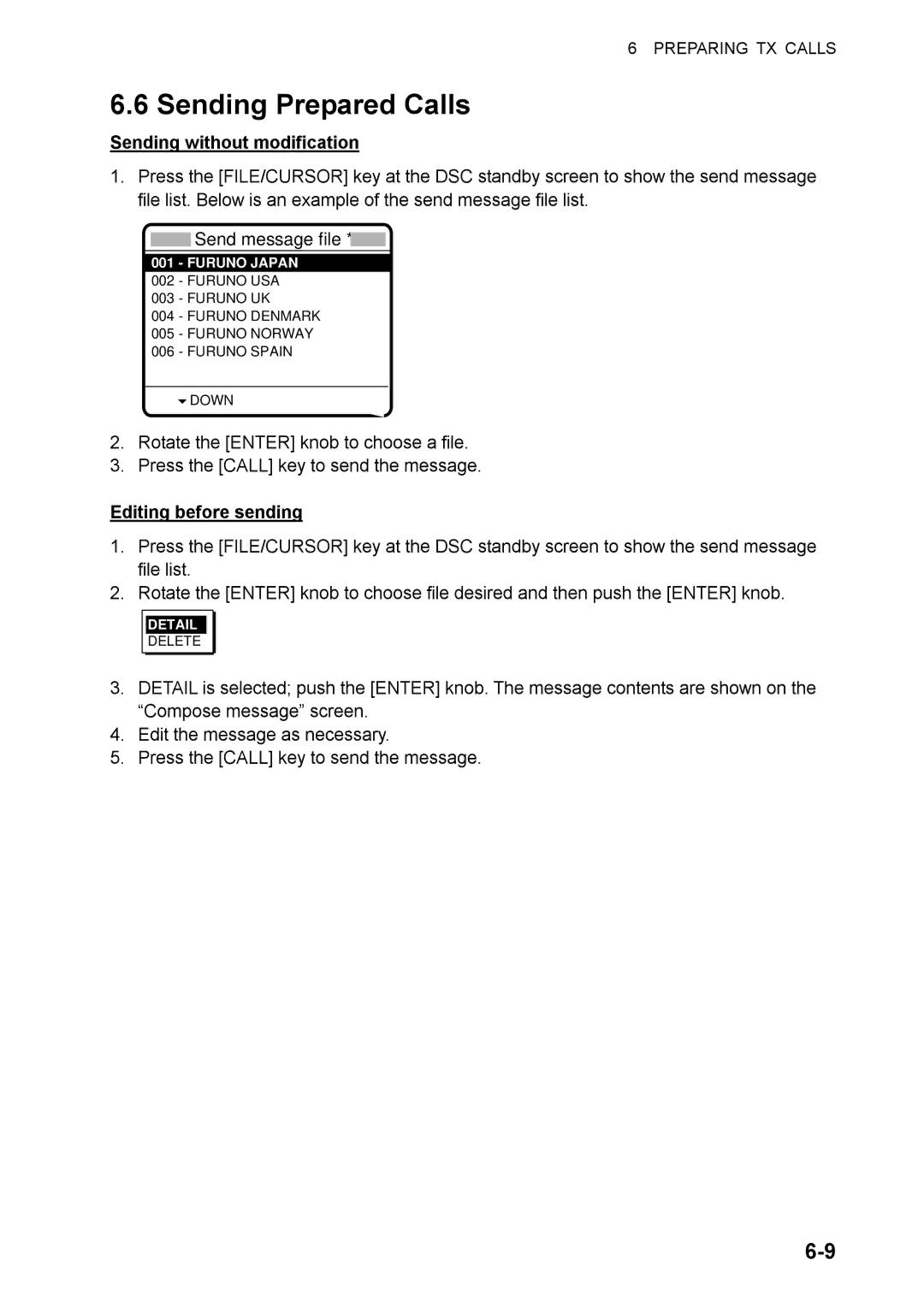 Furuno FS-1570, FS-2570 manual Sending Prepared Calls, Sending without modification, Editing before sending 