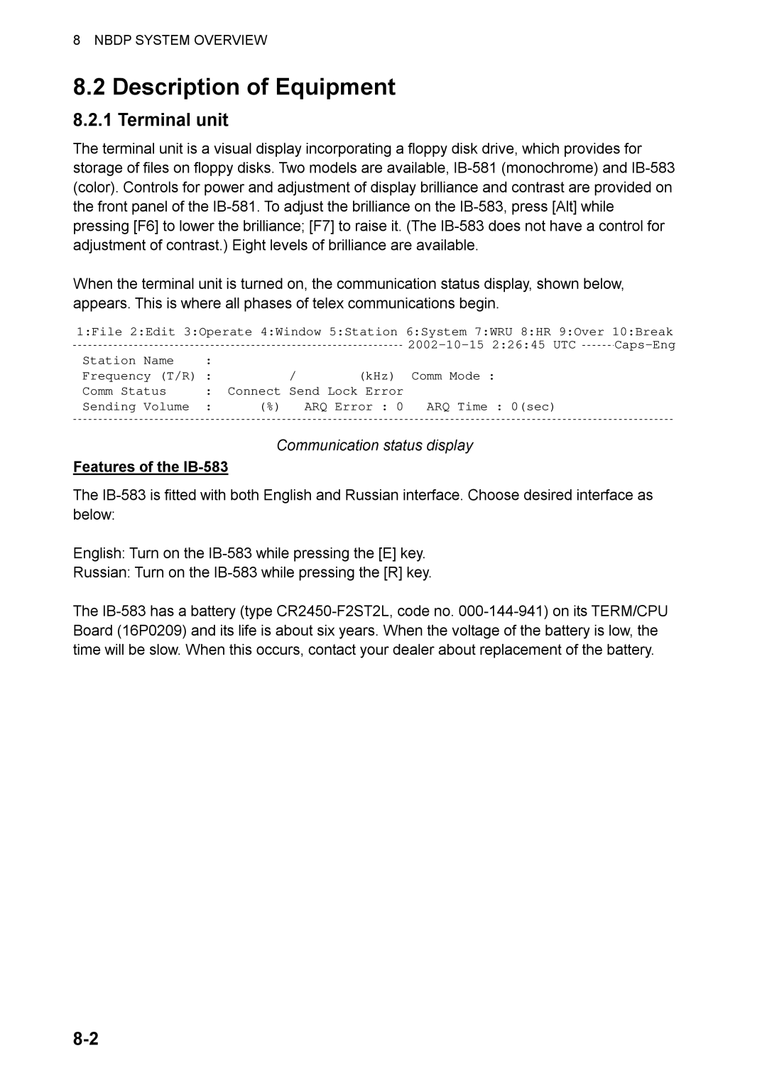 Furuno FS-2570, FS-1570 manual Description of Equipment, Terminal unit, Communication status display, Features of the IB-583 