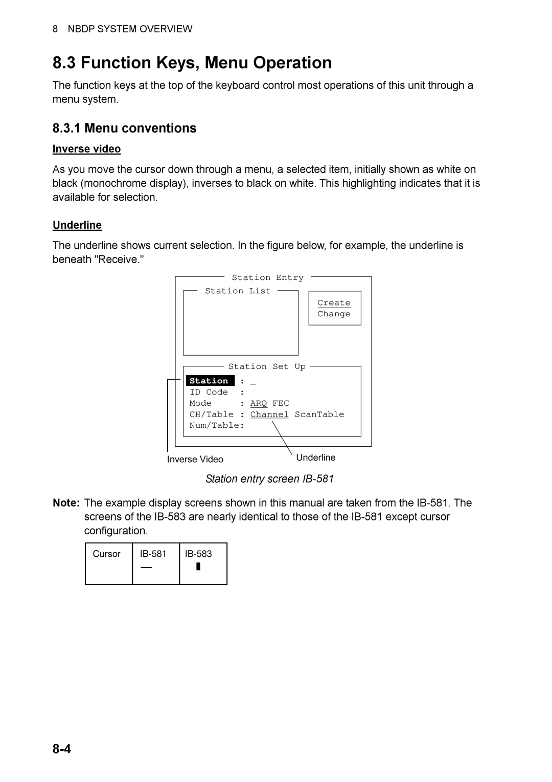 Furuno FS-2570 Function Keys, Menu Operation, Menu conventions, Inverse video, Underline, Station entry screen IB-581 