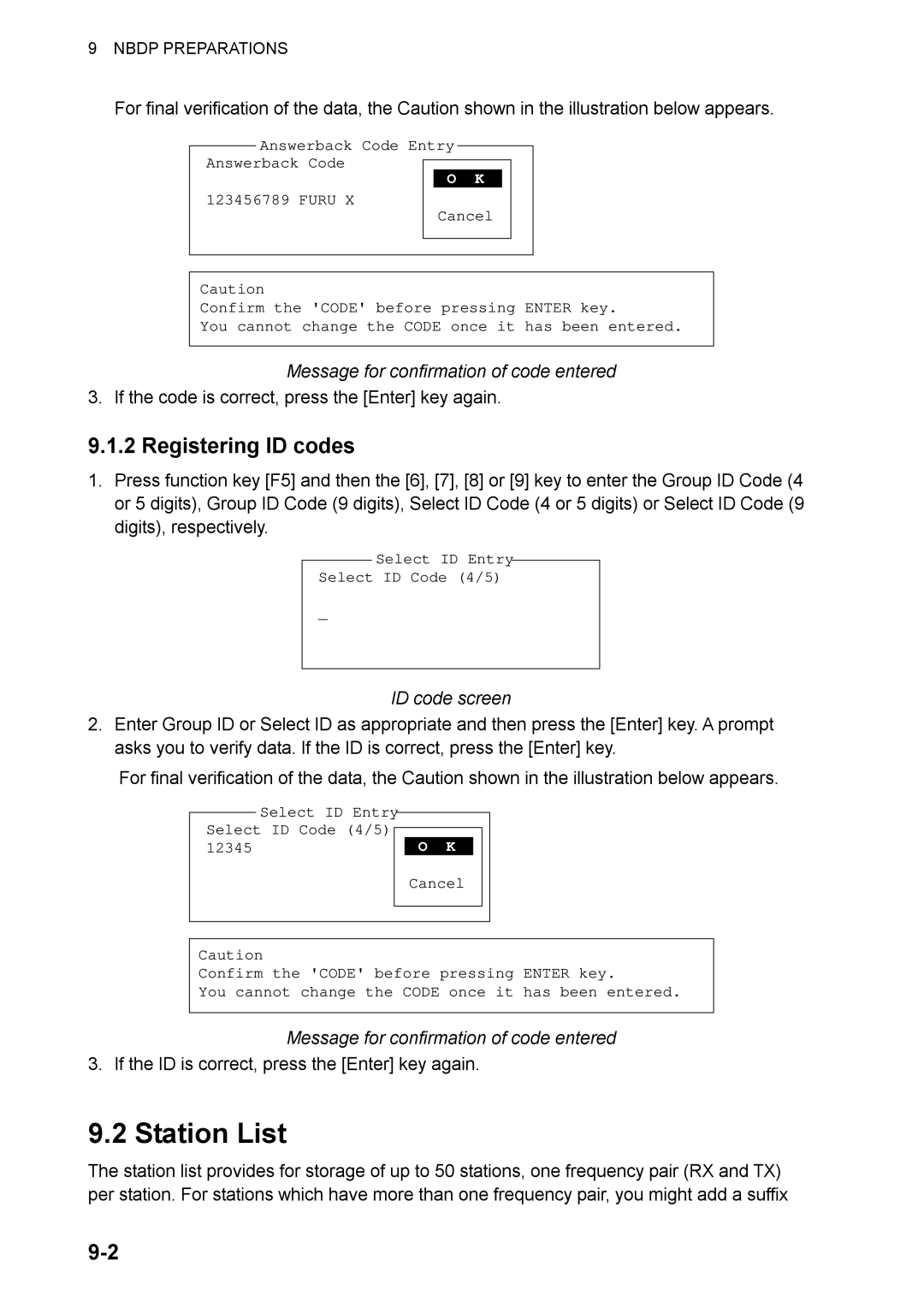 Furuno FS-2570, FS-1570 manual Station List, Registering ID codes, Message for confirmation of code entered, ID code screen 