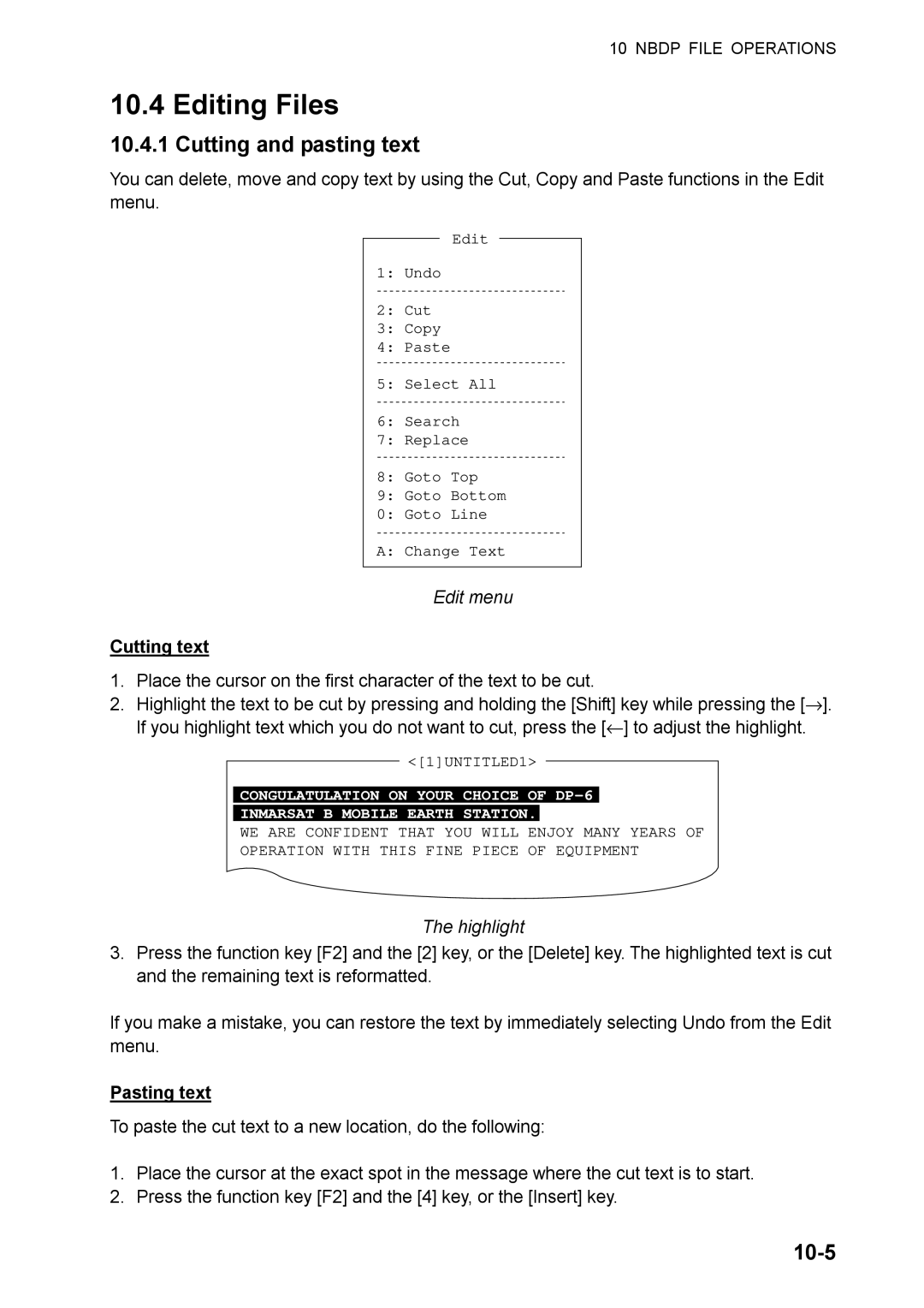 Furuno FS-1570, FS-2570 manual Editing Files, Cutting and pasting text, 10-5, Cutting text, Pasting text 