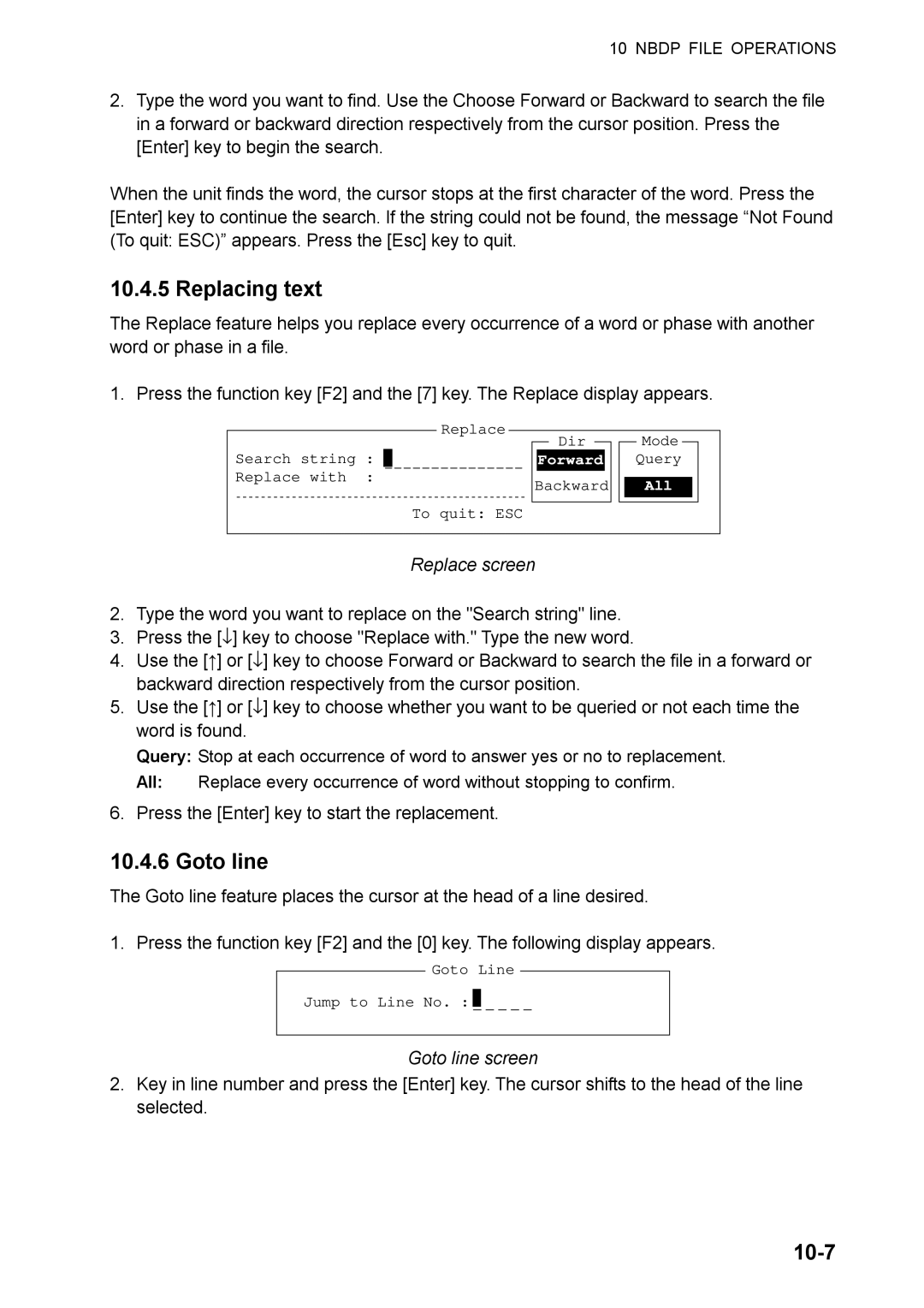 Furuno FS-1570, FS-2570 manual Replacing text, 10-7, Replace screen, Goto line screen 