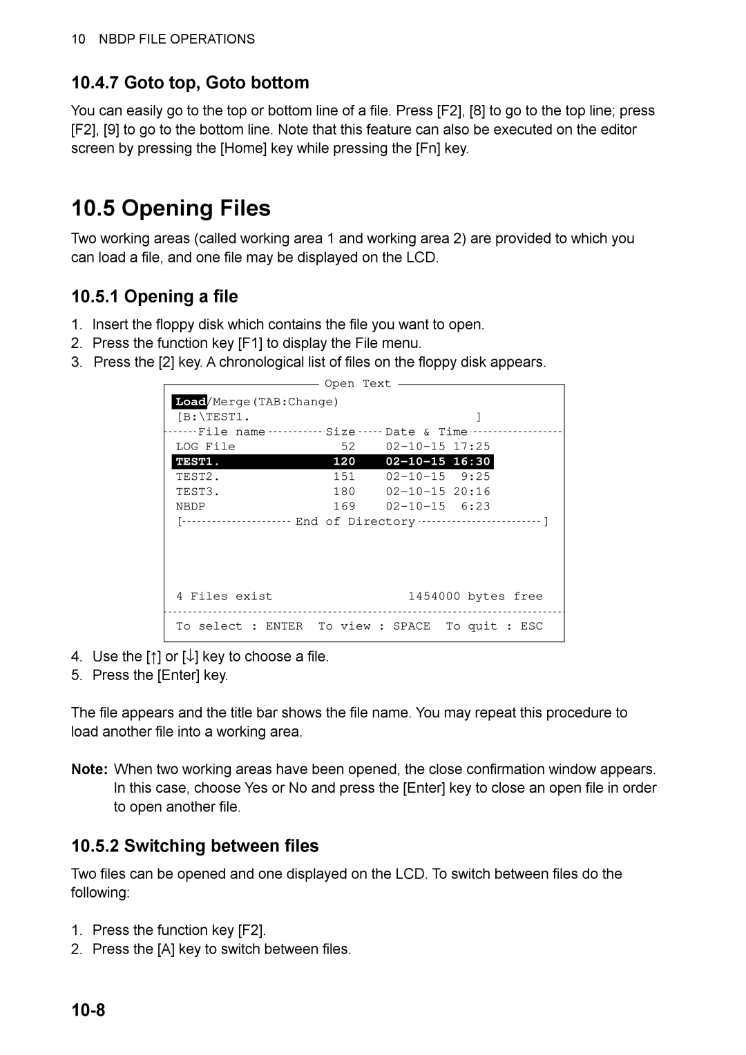 Furuno FS-2570, FS-1570 manual Opening Files, Goto top, Goto bottom, Opening a file, Switching between files, 10-8 