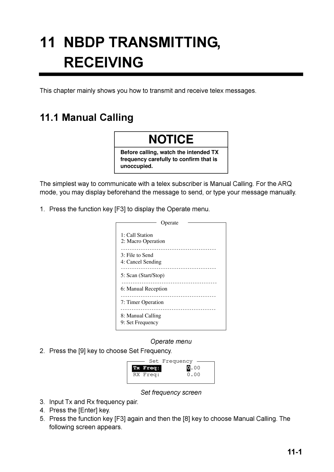 Furuno FS-1570, FS-2570 manual Nbdp TRANSMITTING, Receiving, Manual Calling, 11-1, Press the 9 key to choose Set Frequency 