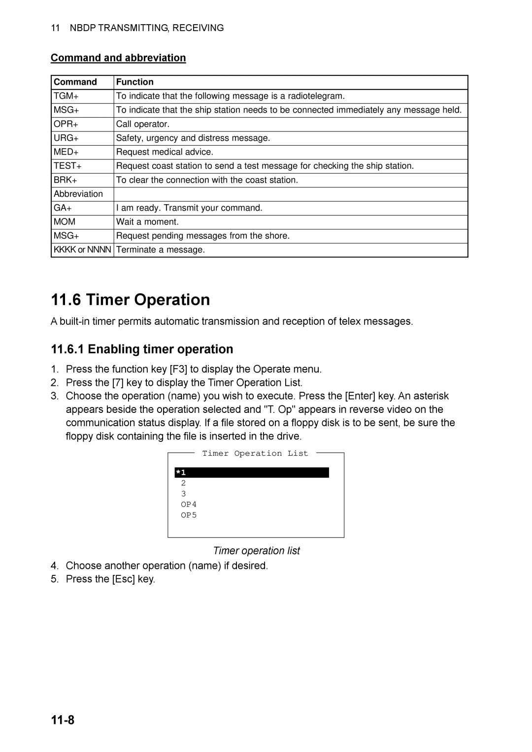 Furuno FS-2570, FS-1570 Timer Operation, Enabling timer operation, 11-8, Command and abbreviation, Timer operation list 