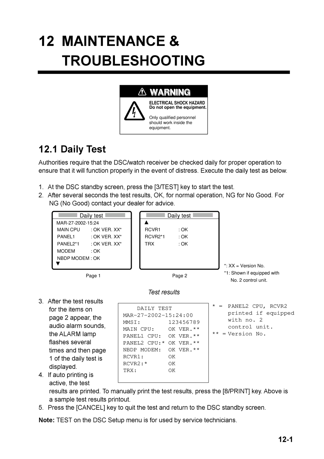 Furuno FS-1570, FS-2570 manual Maintenance & Troubleshooting, Daily Test, 12-1 