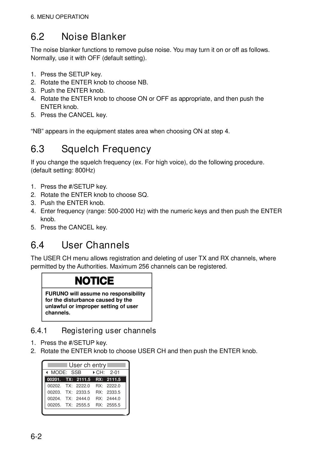 Furuno FS-5070 manual Noise Blanker, Squelch Frequency, Registering user channels, User ch entry 