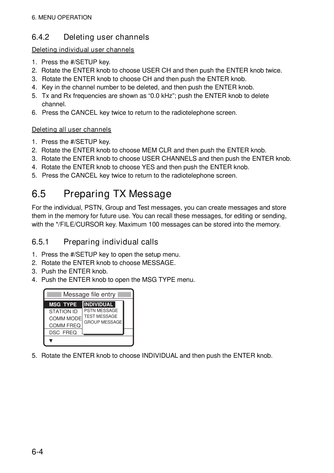 Furuno FS-5070 Preparing TX Message, Deleting user channels, Preparing individual calls, Deleting individual user channels 