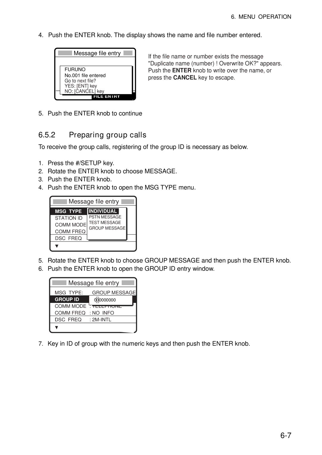 Furuno FS-5070 manual Preparing group calls, Push the Enter knob to continue 