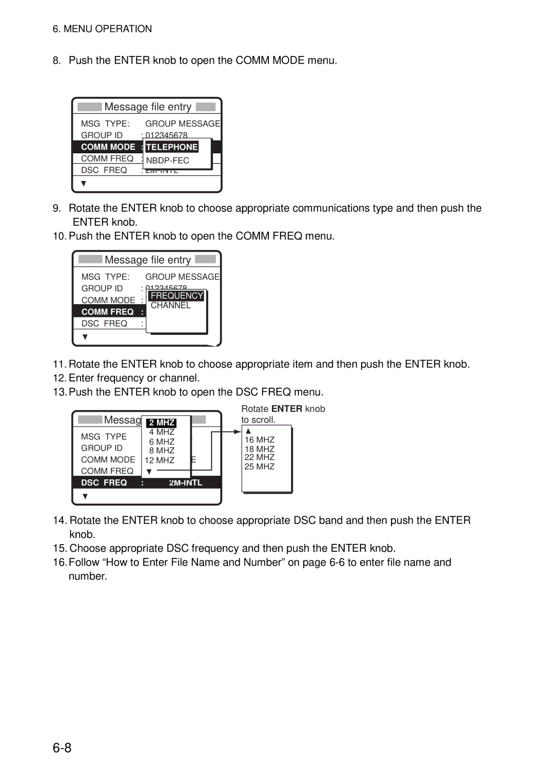 Furuno FS-5070 manual Push the Enter knob to open the Comm Mode menu, Message 2 MHZ 