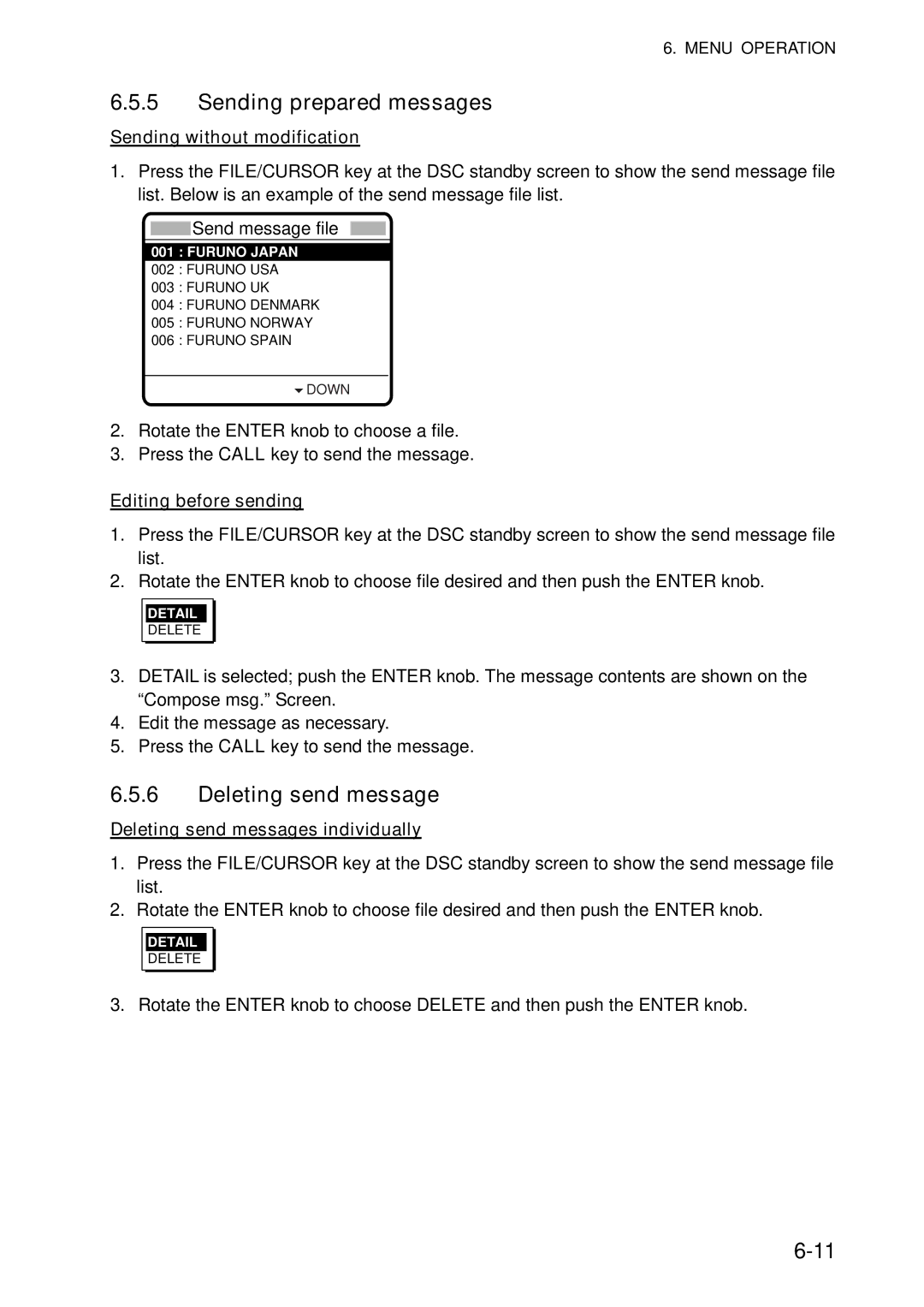 Furuno FS-5070 Sending prepared messages, Deleting send message, Sending without modification, Editing before sending 
