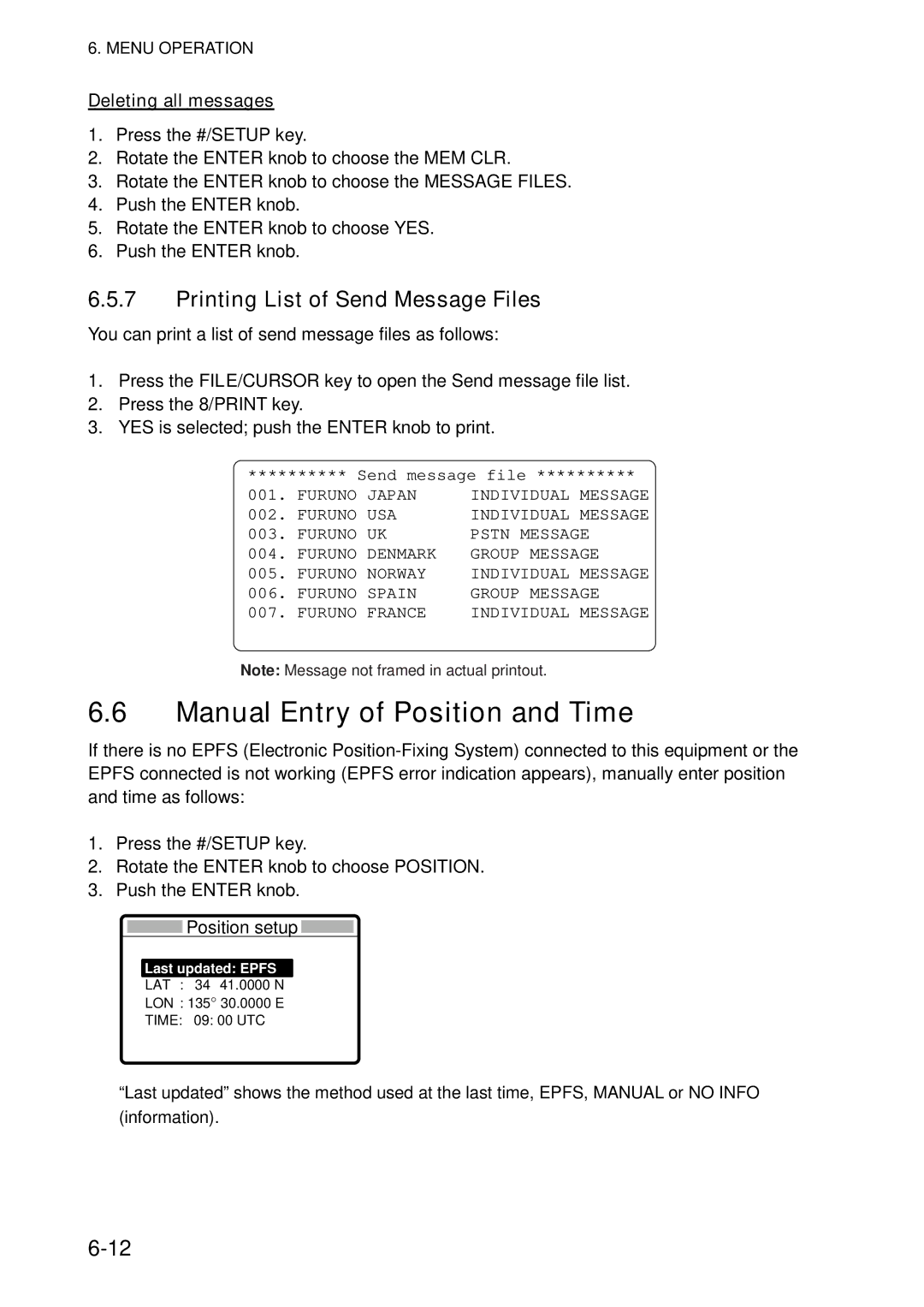 Furuno FS-5070 manual Manual Entry of Position and Time, Printing List of Send Message Files, Deleting all messages 