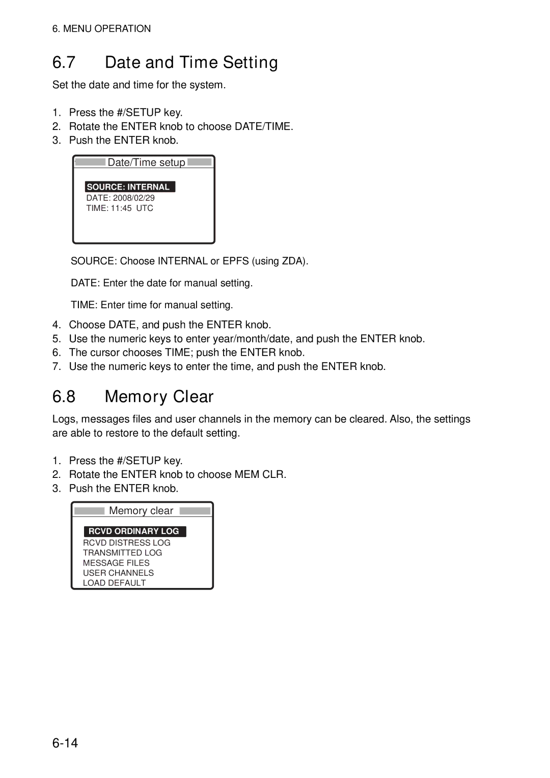 Furuno FS-5070 manual Date and Time Setting, Memory Clear, Date/Time setup, Memory clear 