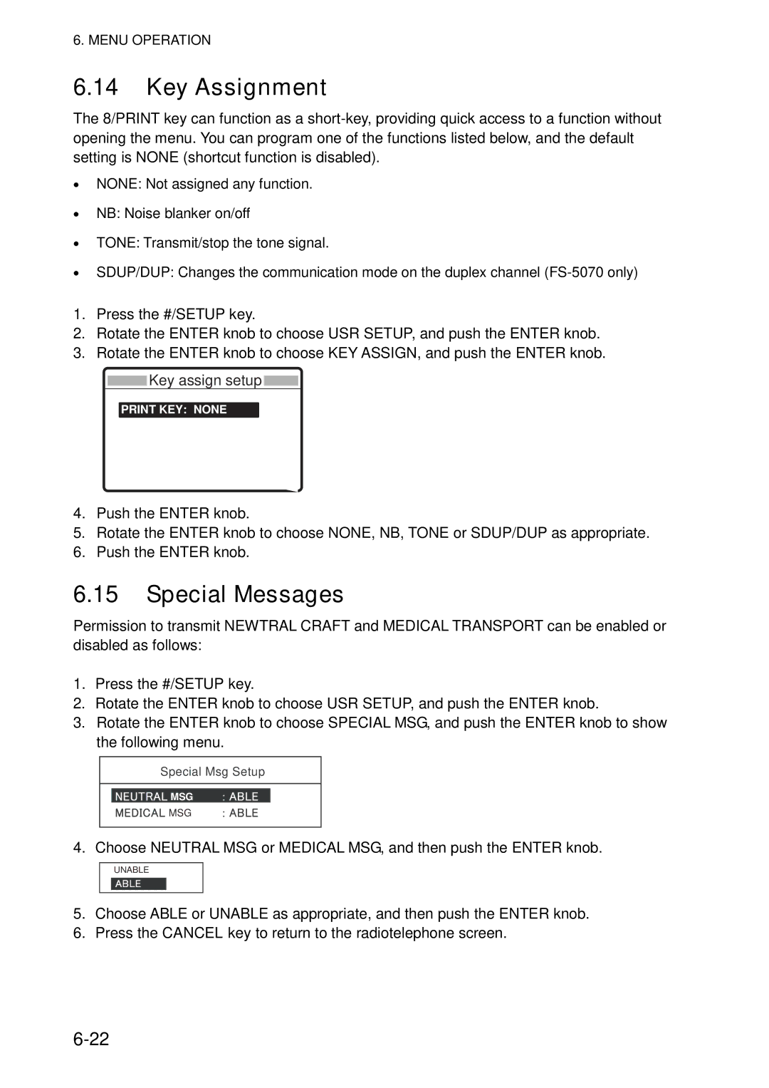 Furuno FS-5070 manual Key Assignment, Special Messages, Key assign setup 