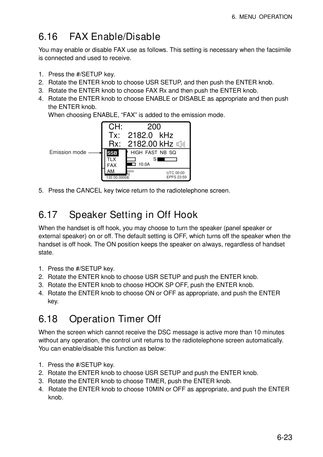 Furuno FS-5070 manual FAX Enable/Disable, Speaker Setting in Off Hook, Operation Timer Off 