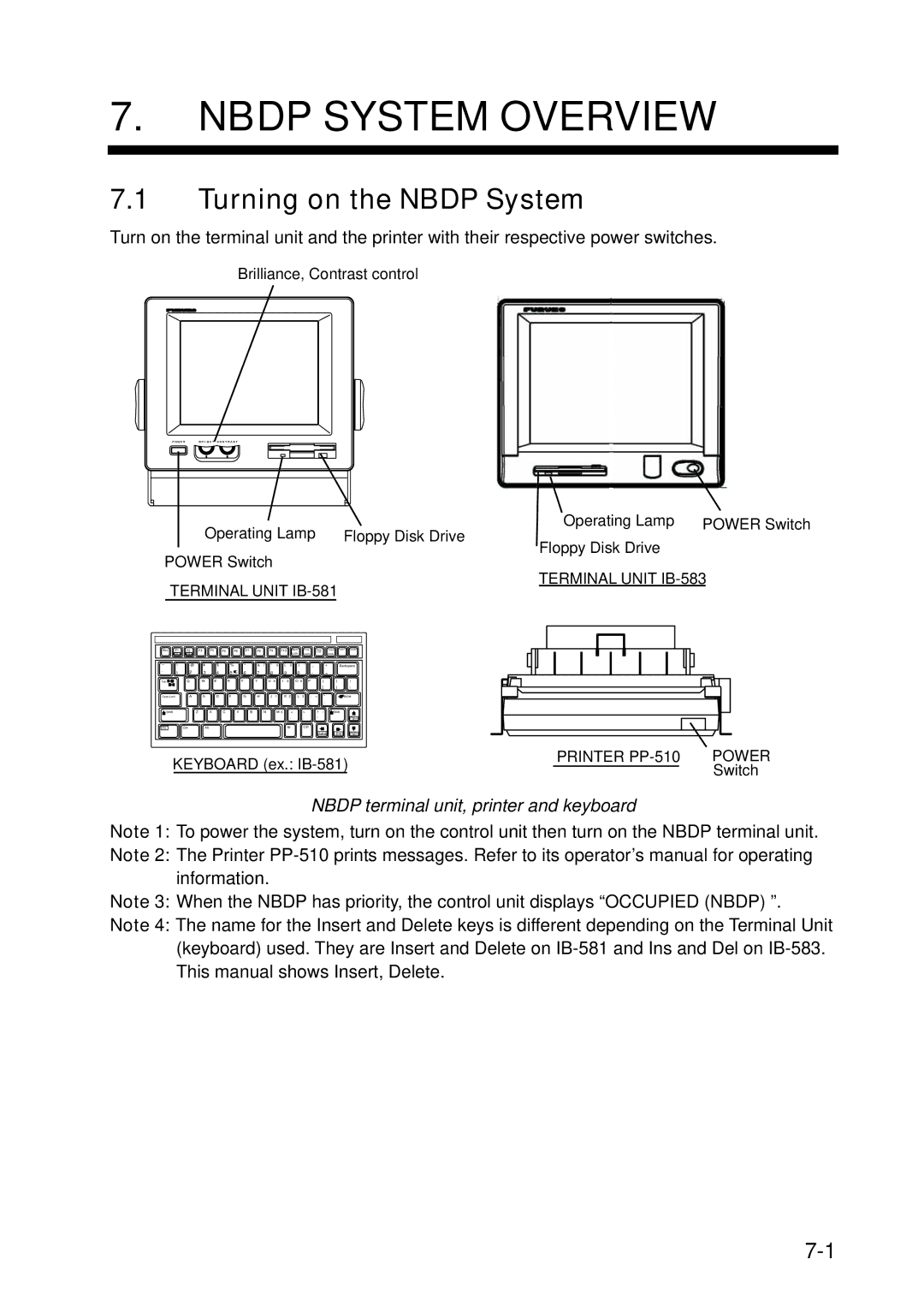 Furuno FS-5070 manual Nbdp System Overview, Turning on the Nbdp System, Nbdp terminal unit, printer and keyboard 