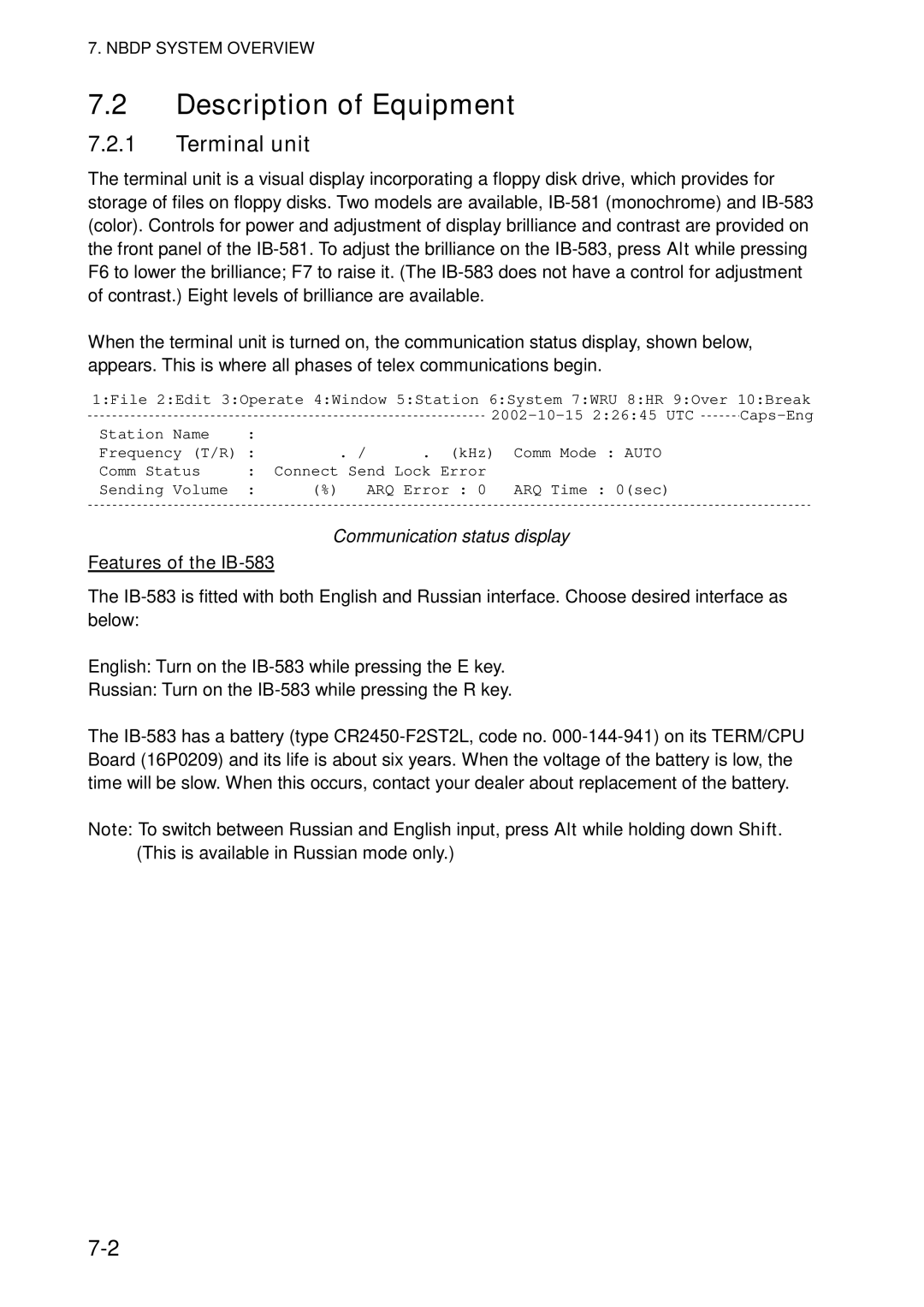 Furuno FS-5070 manual Description of Equipment, Terminal unit, Communication status display, Features of the IB-583 