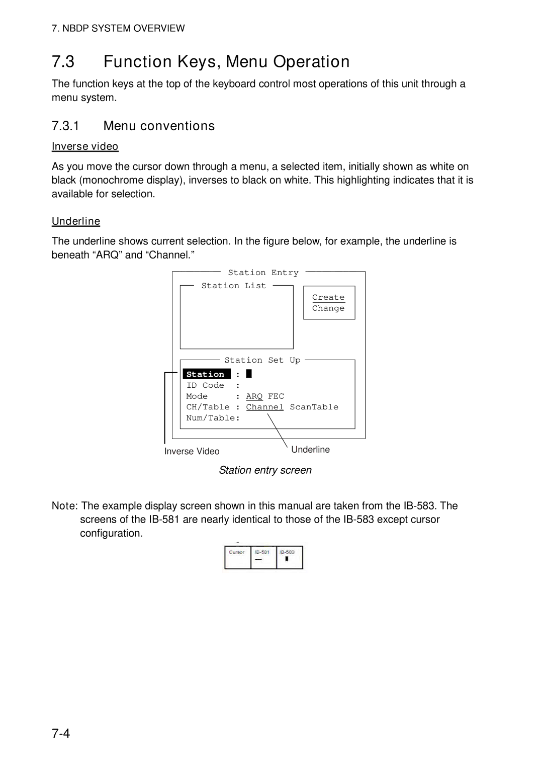 Furuno FS-5070 manual Function Keys, Menu Operation, Menu conventions, Inverse video, Underline, Station entry screen 