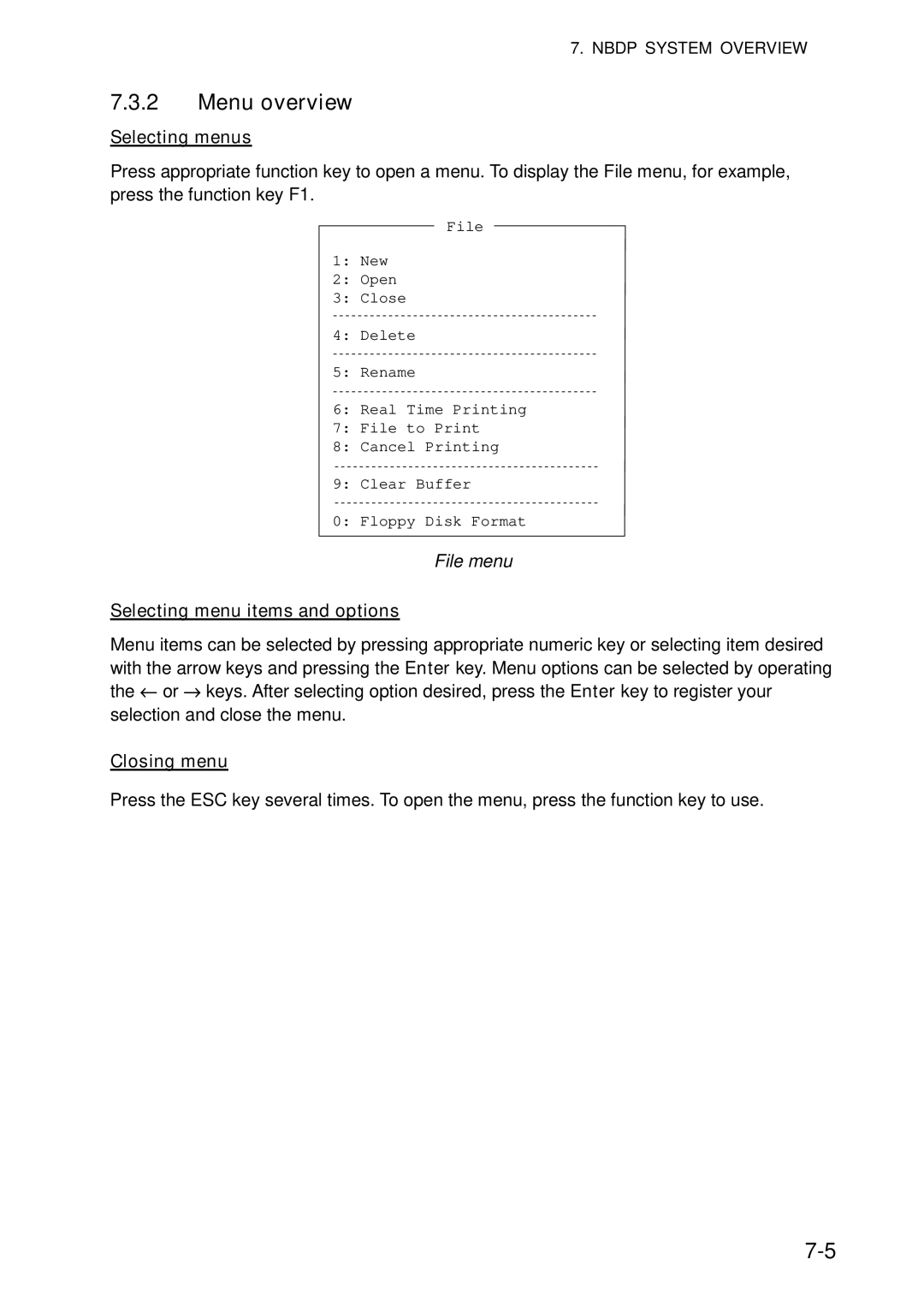 Furuno FS-5070 manual Menu overview, Selecting menus, File menu, Selecting menu items and options, Closing menu 