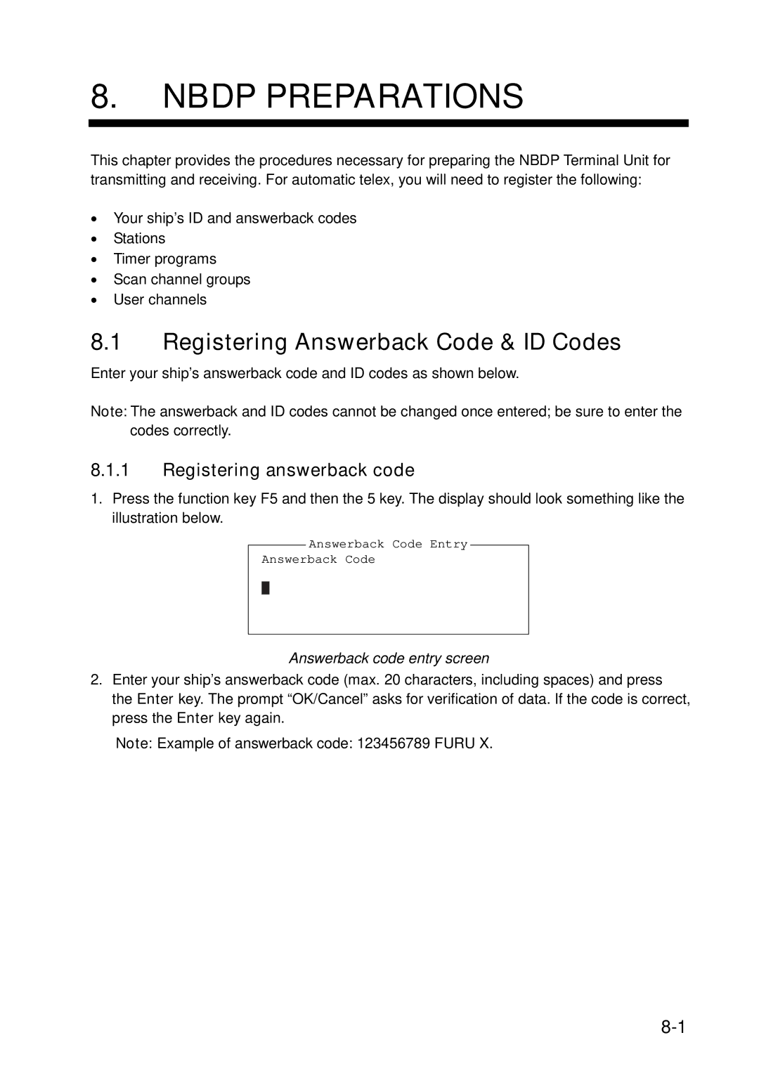 Furuno FS-5070 manual Nbdp Preparations, Registering Answerback Code & ID Codes, Registering answerback code 