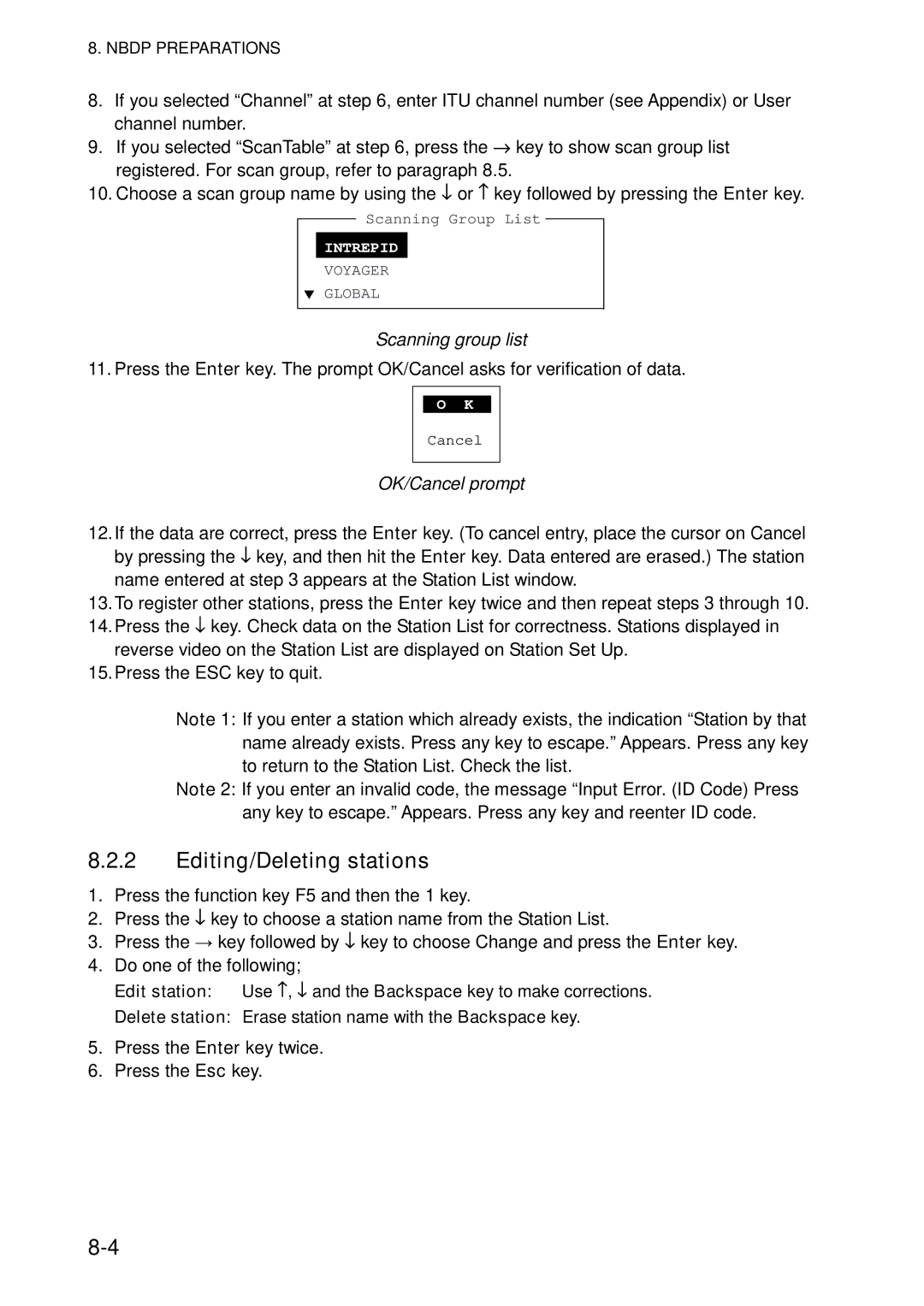 Furuno FS-5070 manual Editing/Deleting stations, Scanning group list, OK/Cancel prompt 
