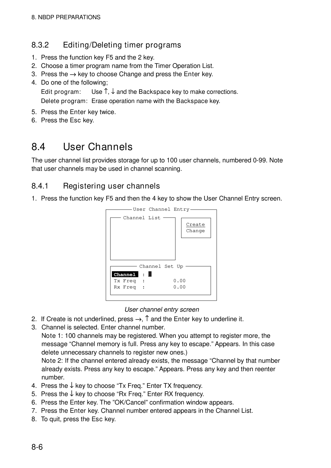 Furuno FS-5070 manual Editing/Deleting timer programs, User channel entry screen 