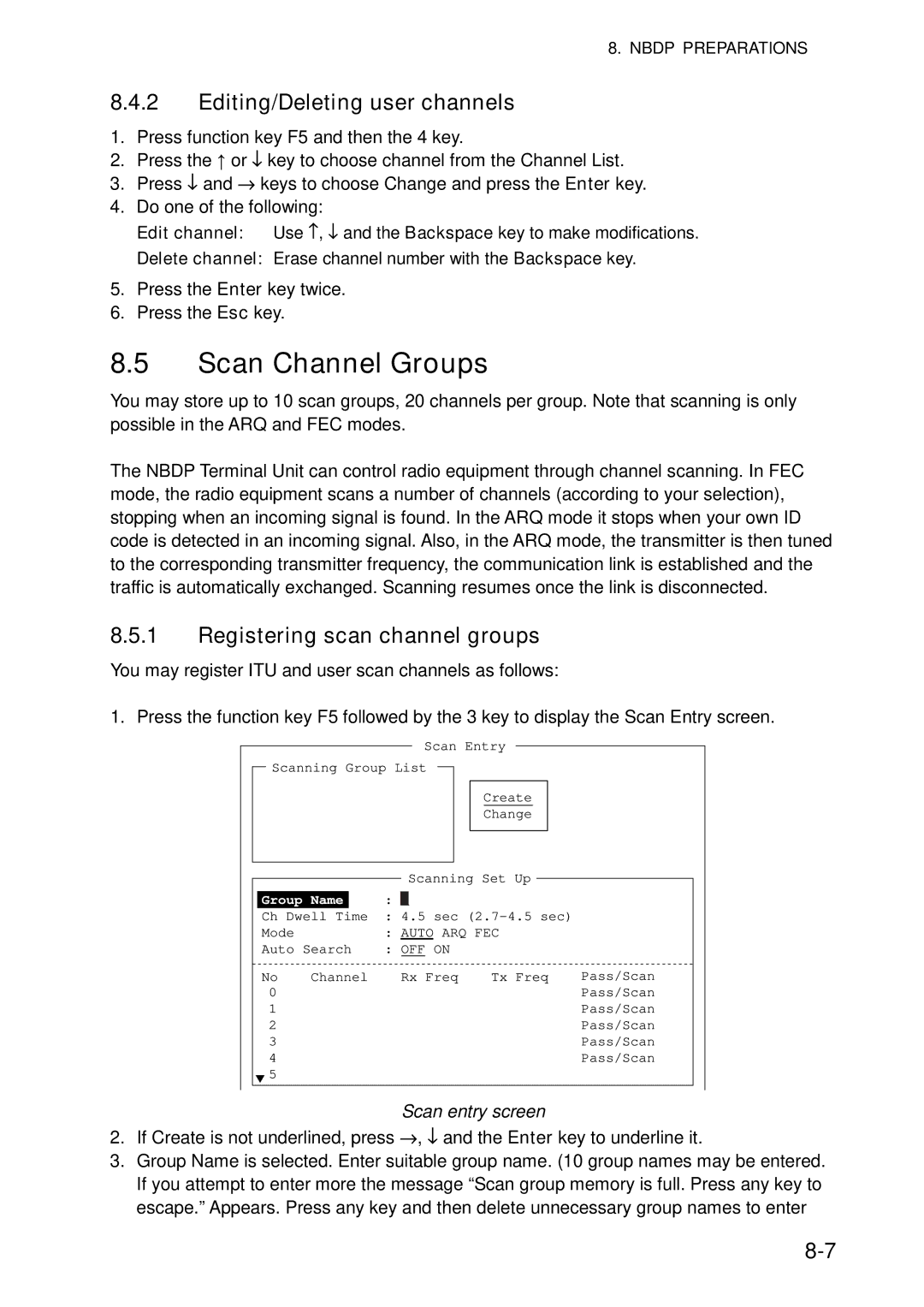 Furuno FS-5070 Scan Channel Groups, Editing/Deleting user channels, Registering scan channel groups, Scan entry screen 