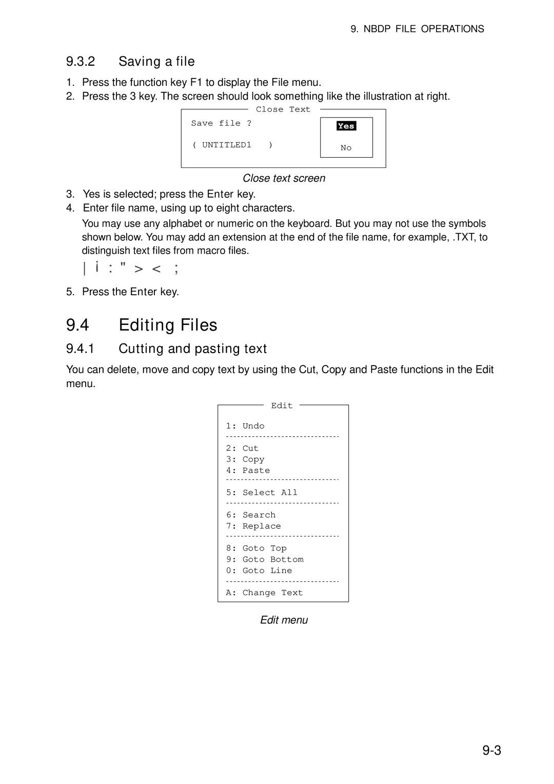 Furuno FS-5070 manual Editing Files, Saving a file, Cutting and pasting text, Close text screen 