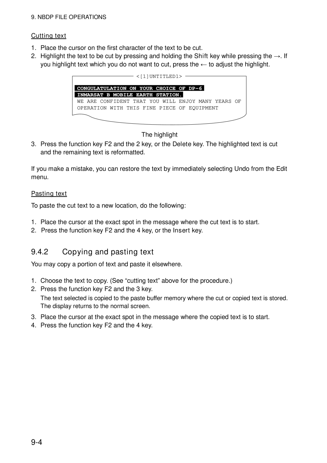 Furuno FS-5070 manual Copying and pasting text, Cutting text, Highlight, Pasting text 