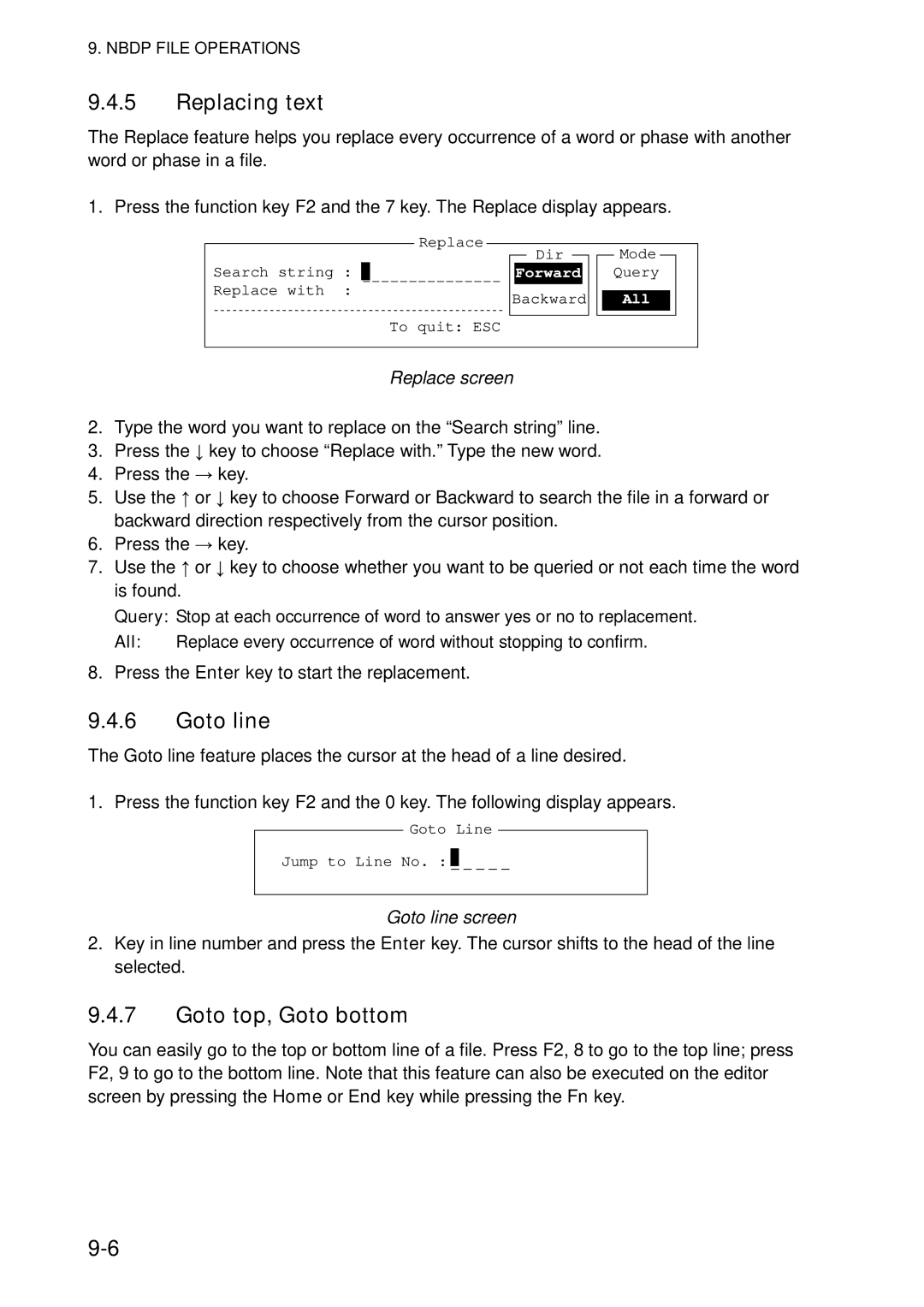 Furuno FS-5070 manual Replacing text, Goto top, Goto bottom, Replace screen, Goto line screen 