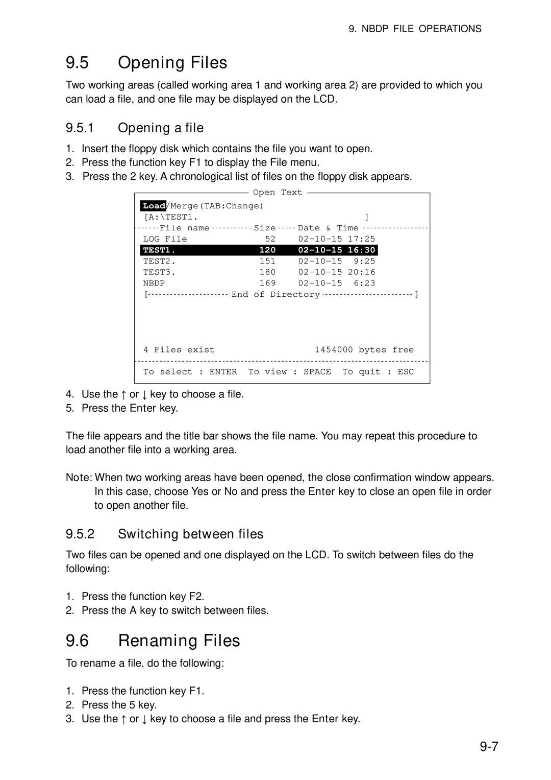 Furuno FS-5070 manual Opening Files, Renaming Files, Opening a file, Switching between files 