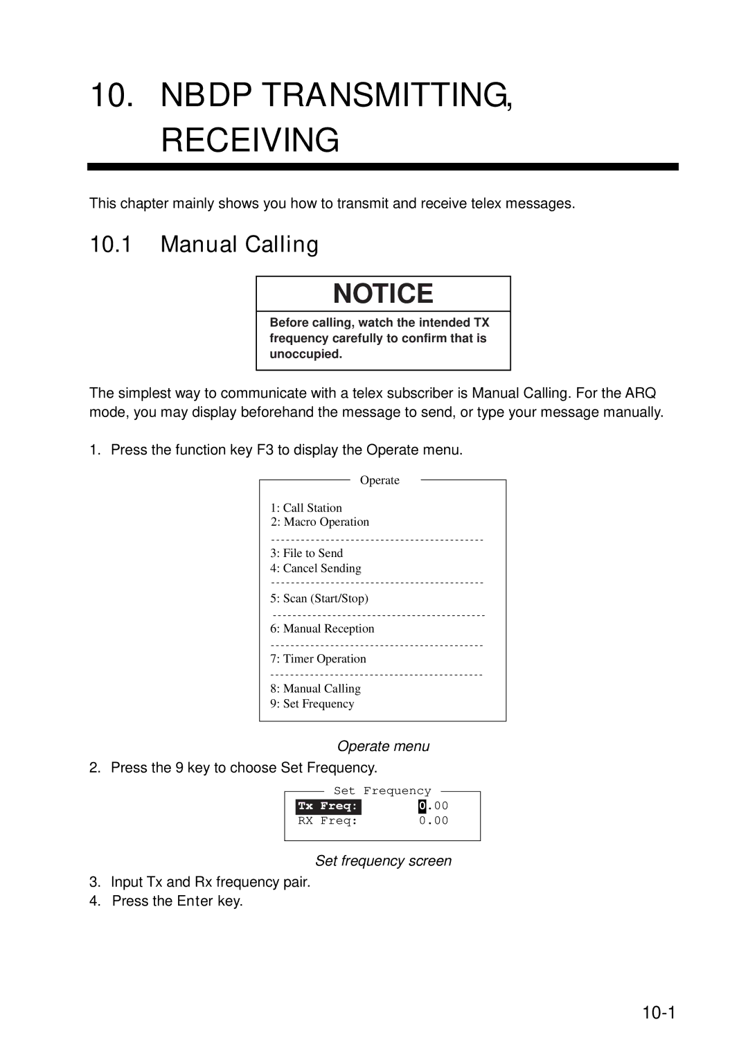 Furuno FS-5070 manual Nbdp TRANSMITTING, Receiving, Manual Calling, 10-1, Set frequency screen 