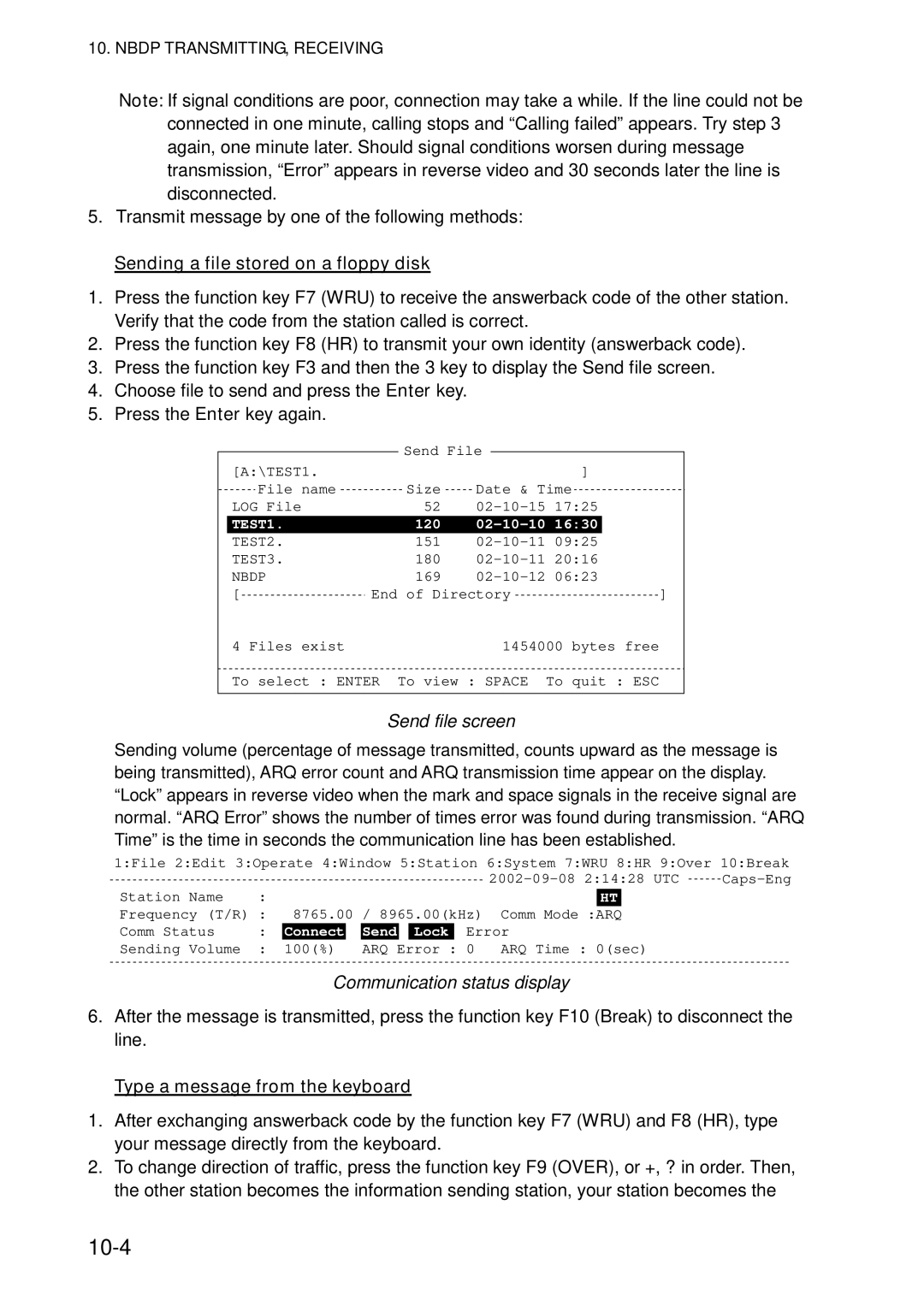 Furuno FS-5070 manual 10-4, Transmit message by one of the following methods, Sending a file stored on a floppy disk 